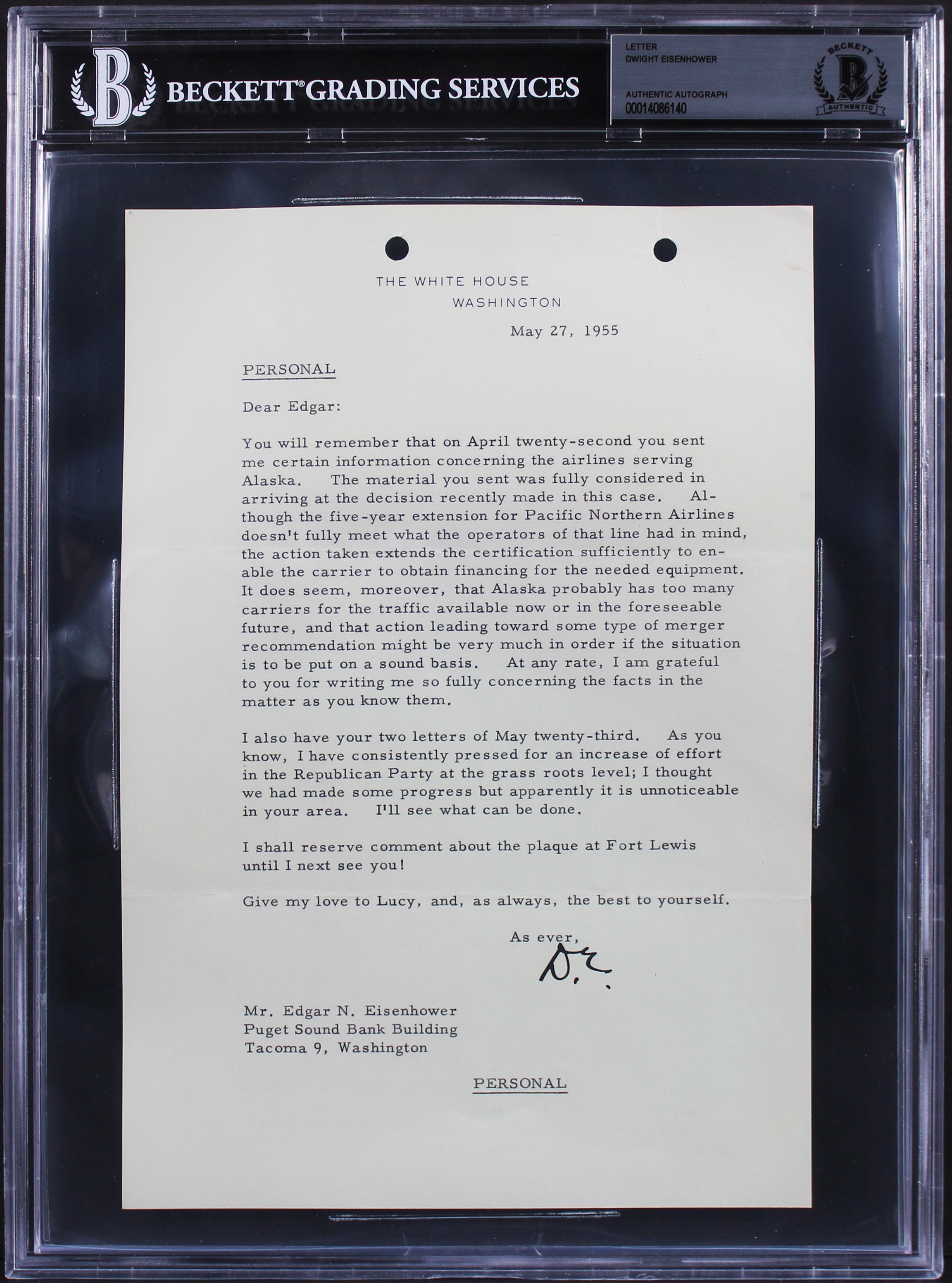 Dwight D. Eisenhower Signed 1955 Letter On White House Letterhead BAS Slabbed