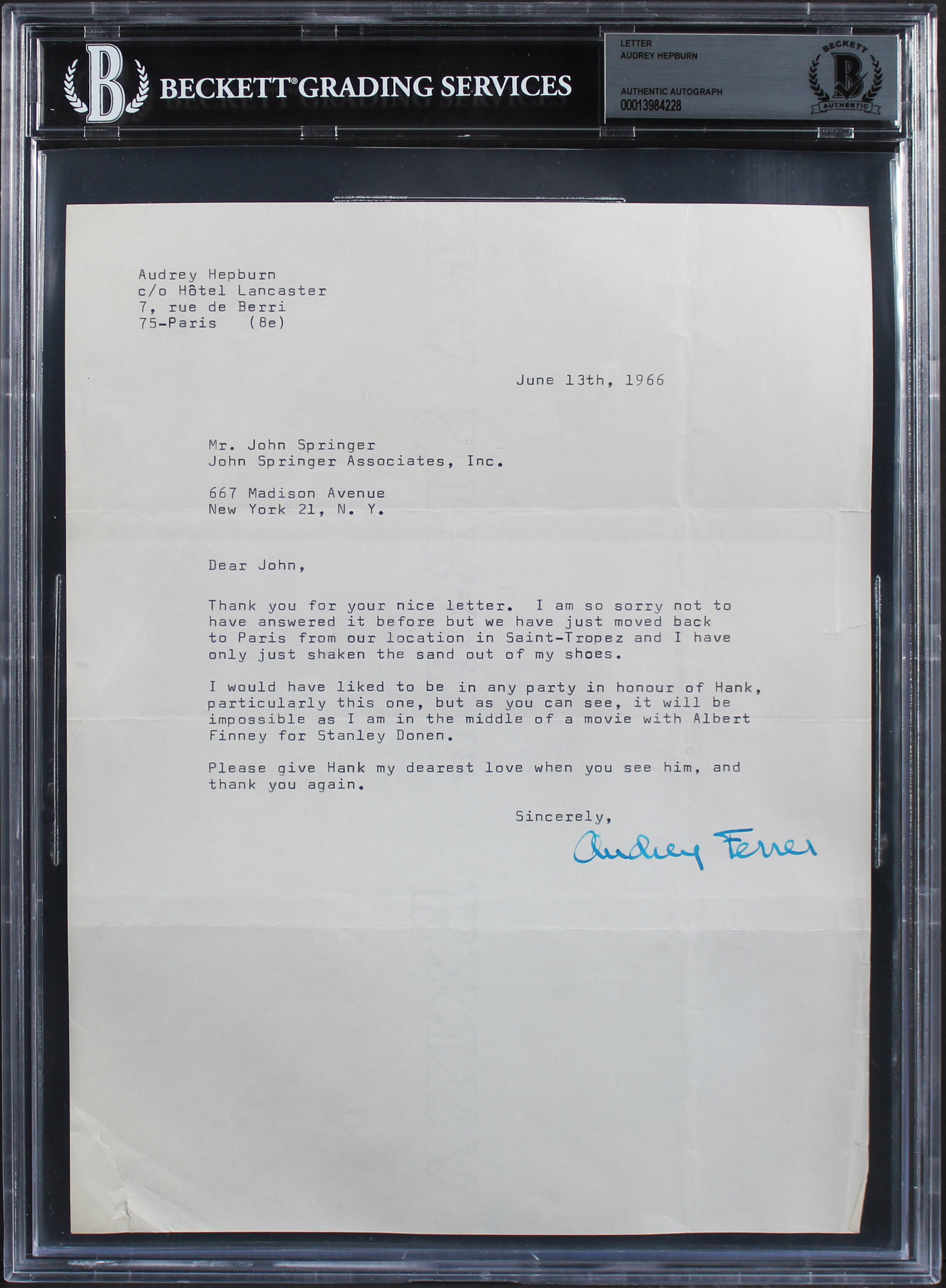 Audrey Hepburn Breakfast At Tiffany's Signed 8x10.5 1966 Letter BAS Slabbed