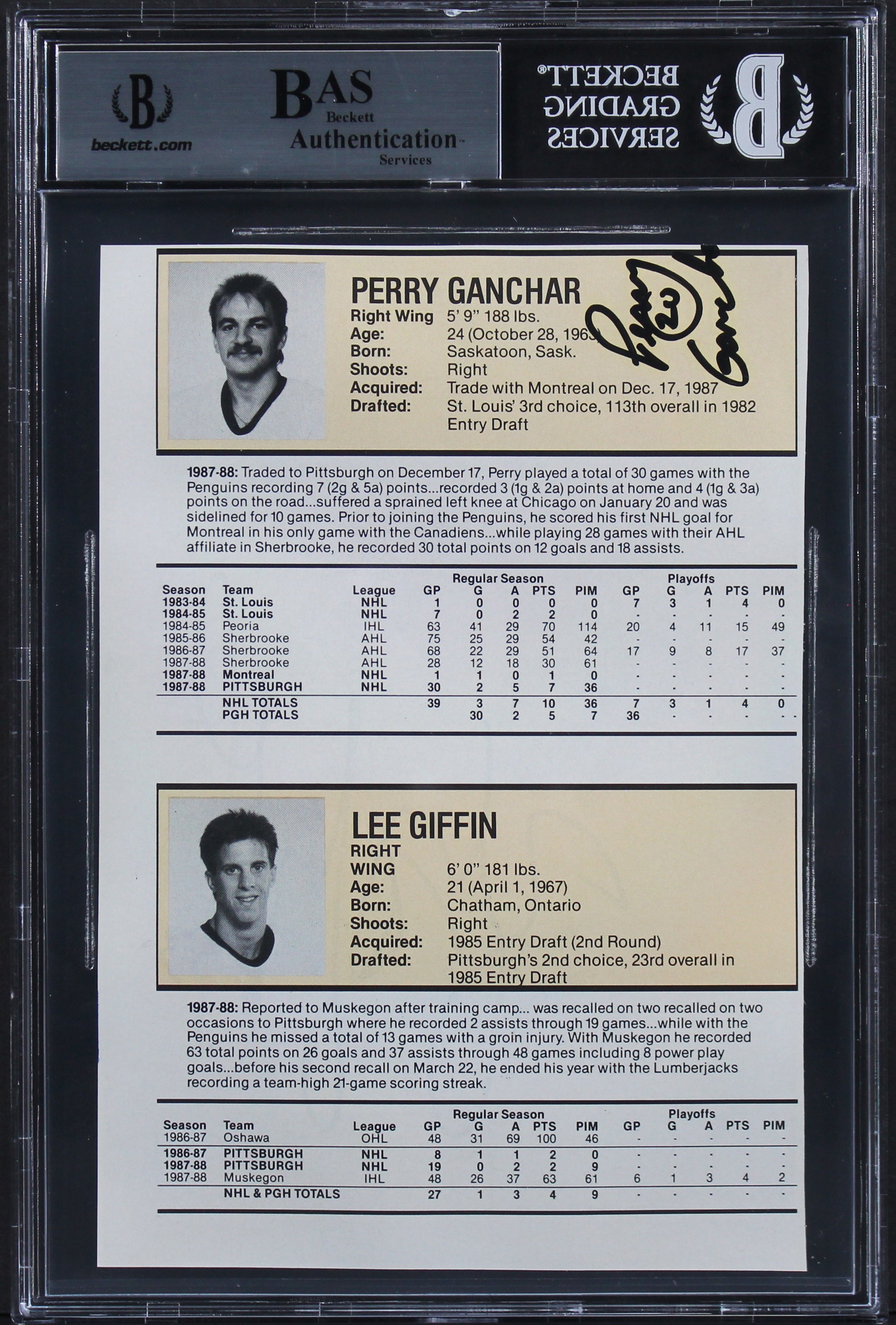 Penguins Zarley Zalapski & Perry Ganchar Signed 4.75x7 Cut Sig BAS Slabbed