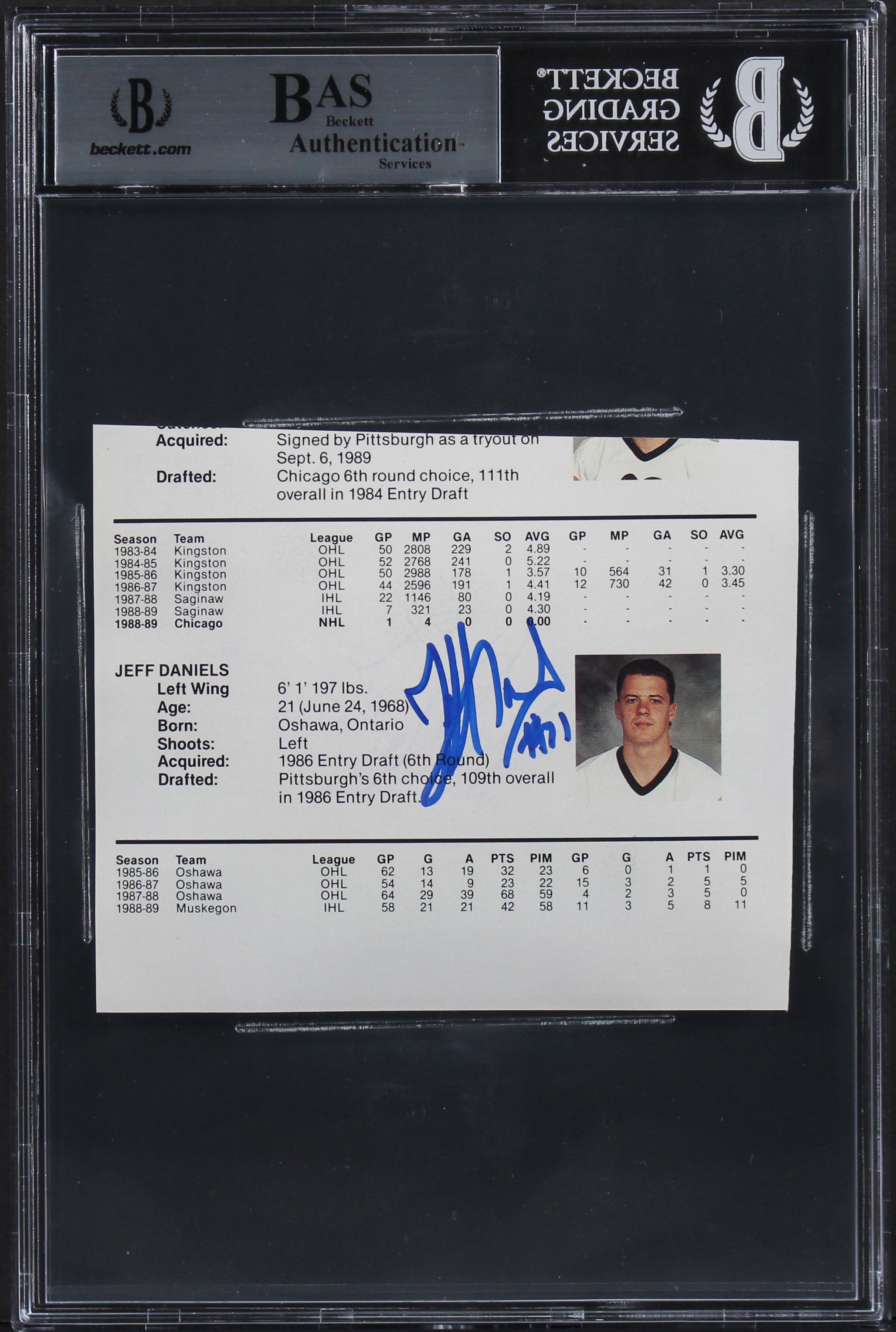 Penguins Mark Recchi & Jeff Daniels Authentic Signed 4.75x4 Cut Sig BAS Slabbed