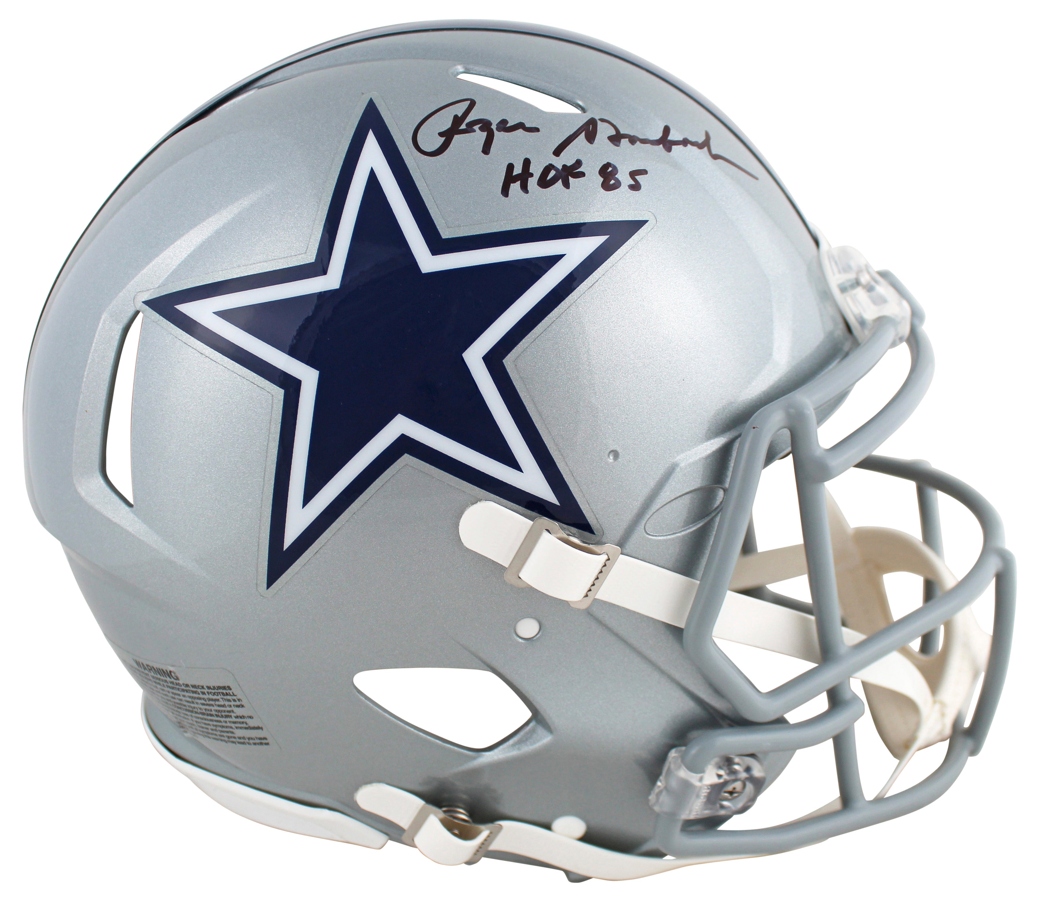 Cowboys Roger Staubach "HOF 85" Signed SIlver Full Size Speed Proline Helmet BAS
