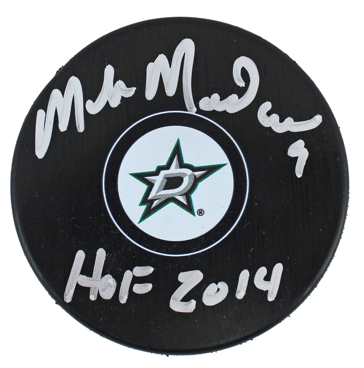 Stars Mike Modano "HOF 2014" Signed Dallas Stars Logo Hockey Puck BAS Witnessed