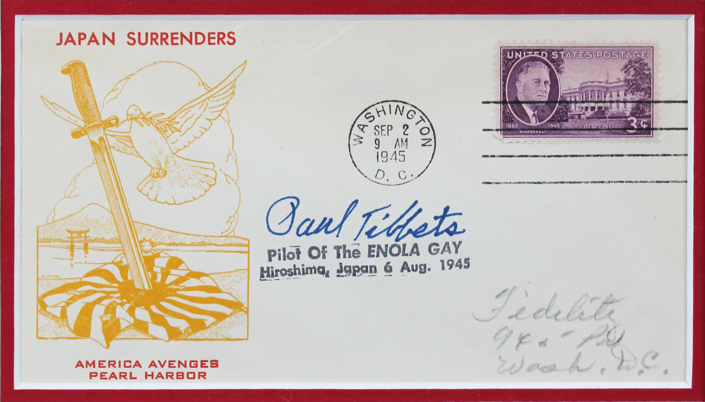 Paul Tibbets Authentic Signed & Framed 4x6.5 1945 First Day Cover BAS #AB76883