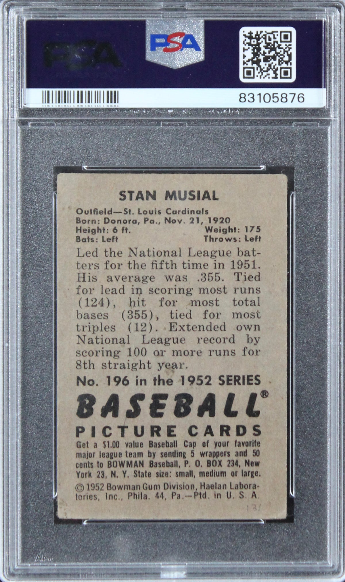 Cardinals Stan Musial Signed 1952 Bowman #196 Card Auto Graded 9! PSA Slabbed