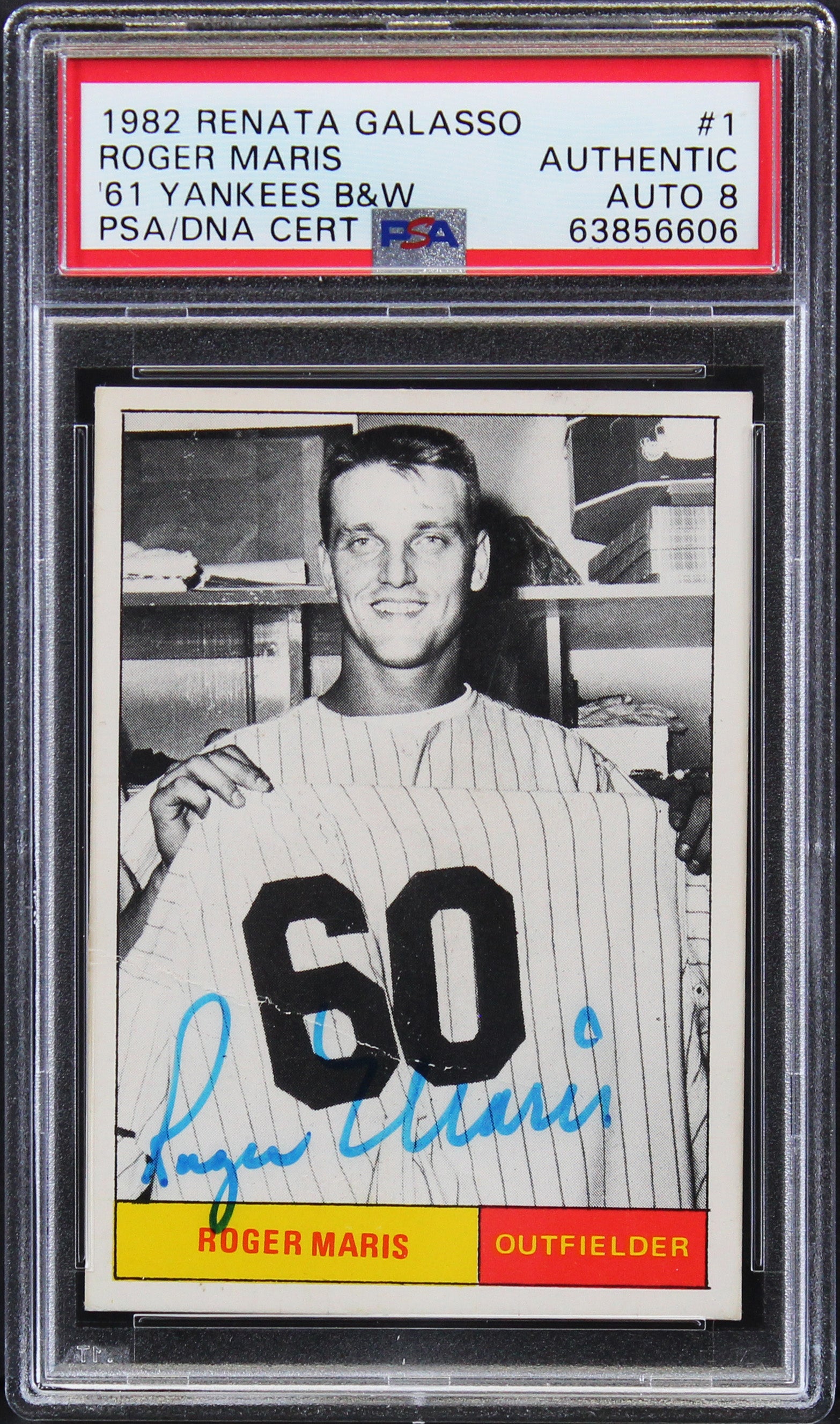 Yankees Roger Maris Signed 1982 Renata Galasso '61 B&W #1 Card Auto 8 PSA Slab