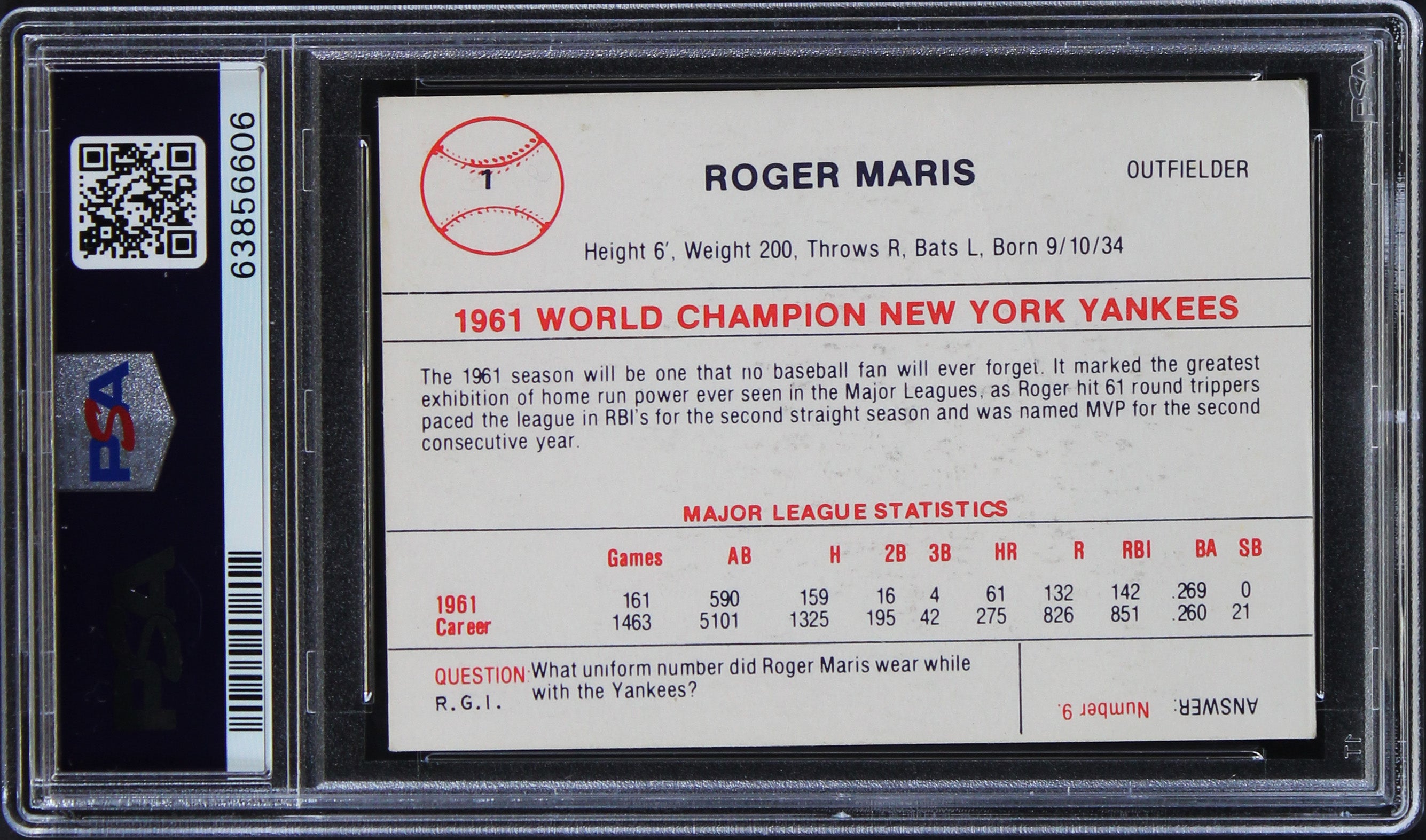 Yankees Roger Maris Signed 1982 Renata Galasso '61 B&W #1 Card Auto 8 PSA Slab