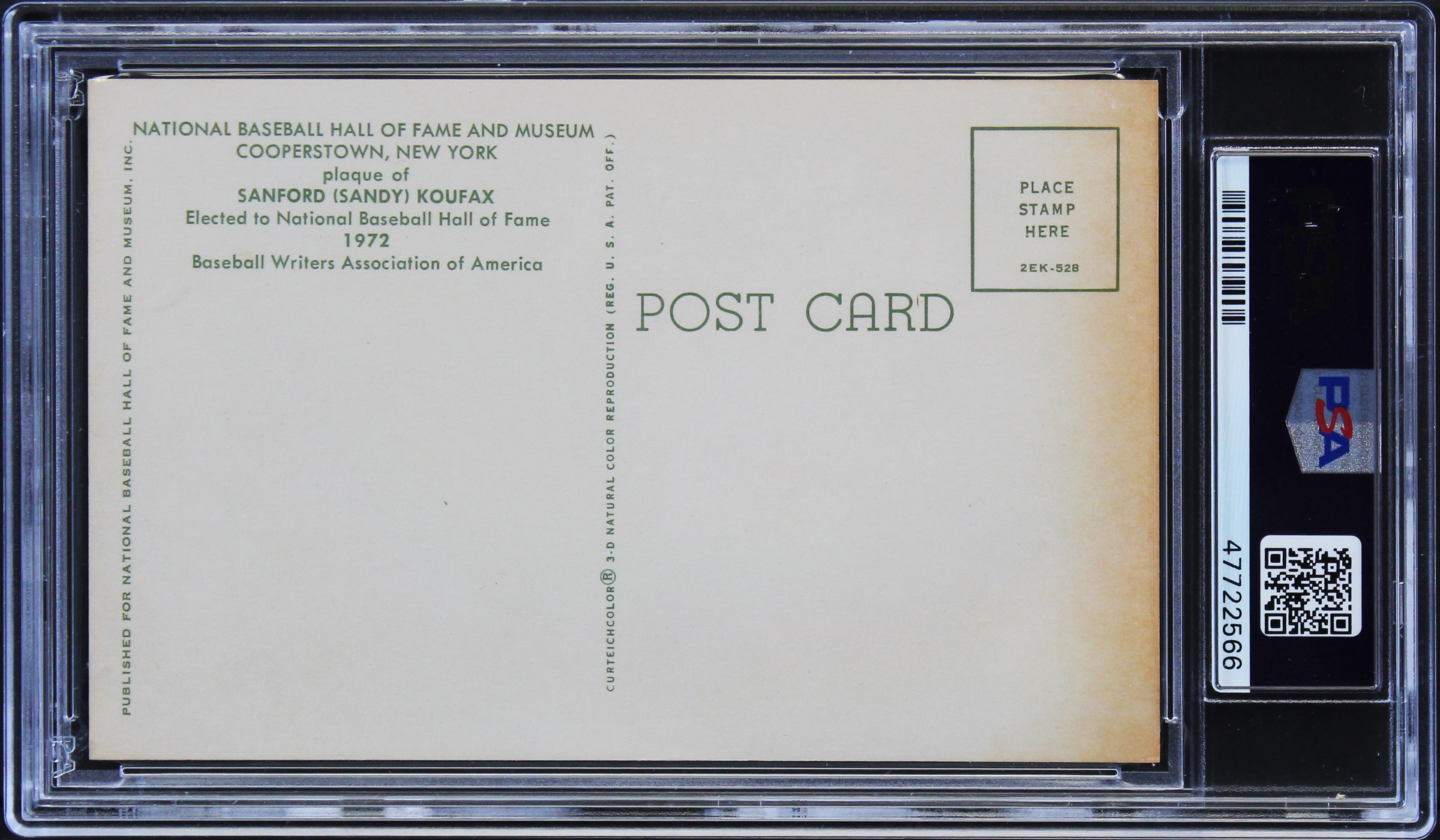 Dodgers Sandy Koufax Signed 1964 - HOF Yellow 3.35x5.25 Postcard Auto 8 PSA Slab