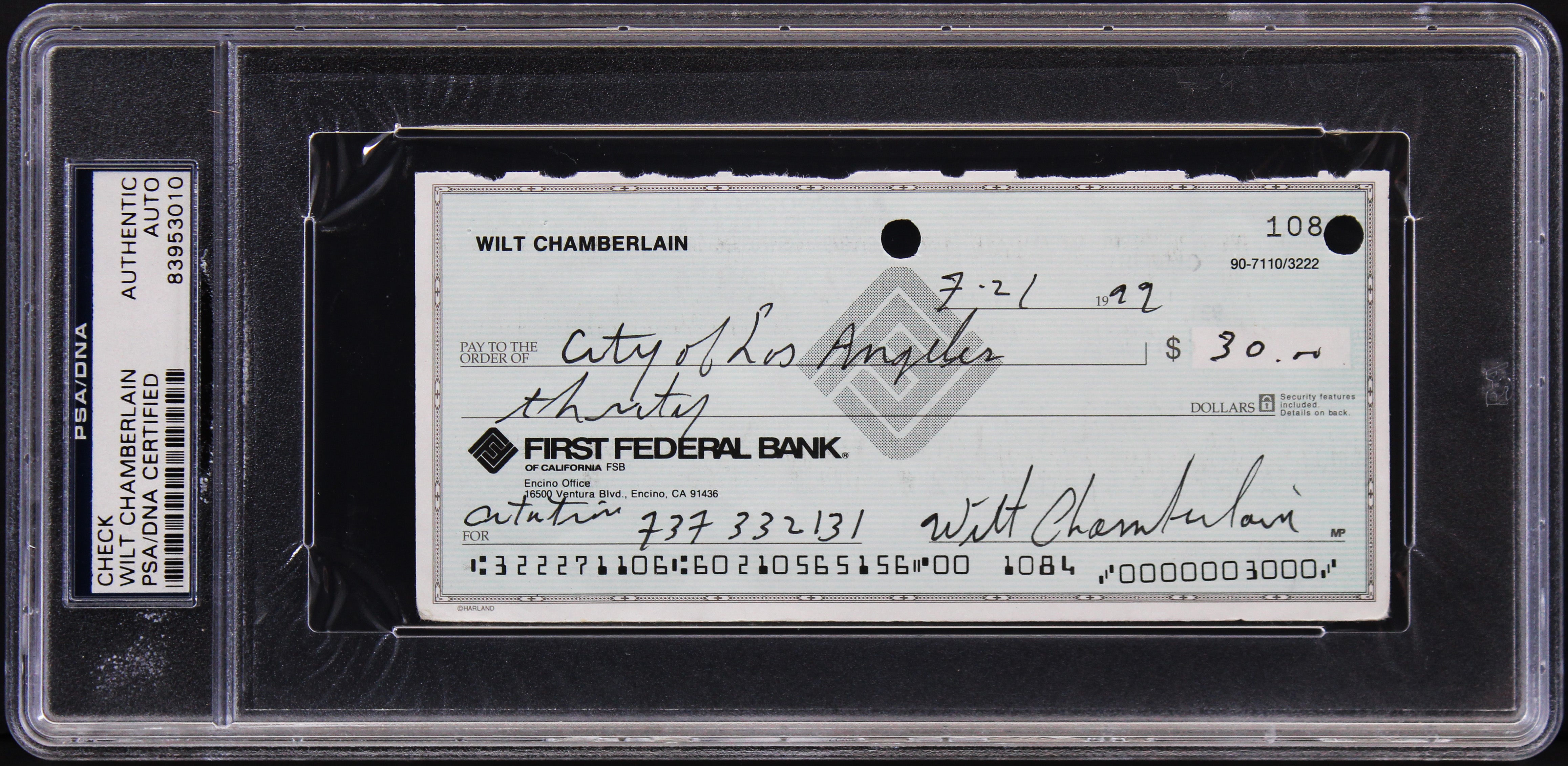 Lakers Wilt Chamberlain Authentic Signed 2.75x6 1999 Personal Check PSA Slabbed
