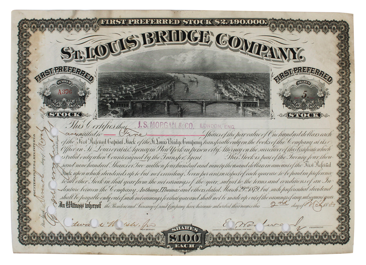 J.P. Morgan Signed & Framed 1881 St. Louis Bridge Stock Certificate BAS #AC33928