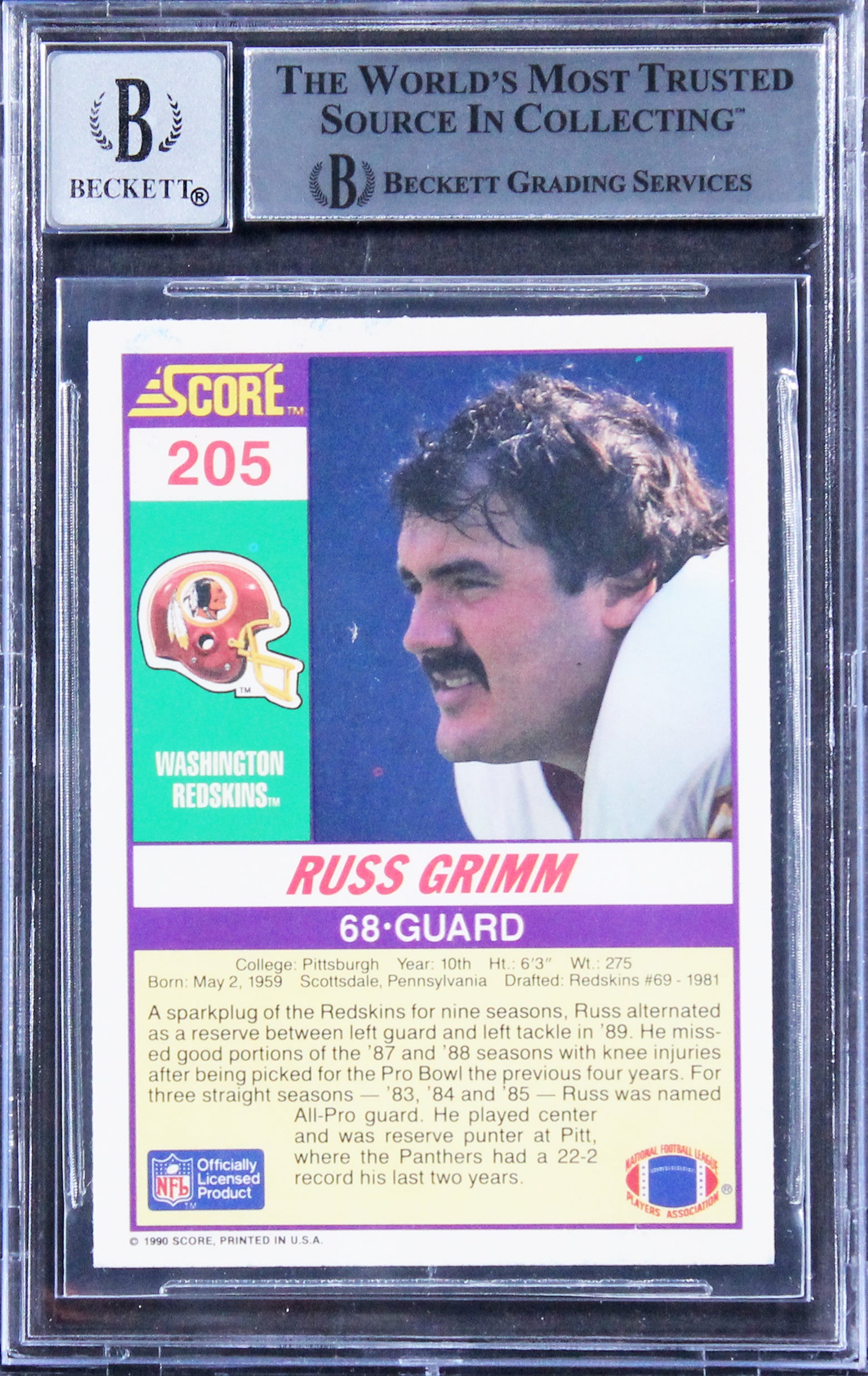 Commanders Russ Grimm Authentic Signed 1990 Score #205 Card Auto 10! BAS Slabbed