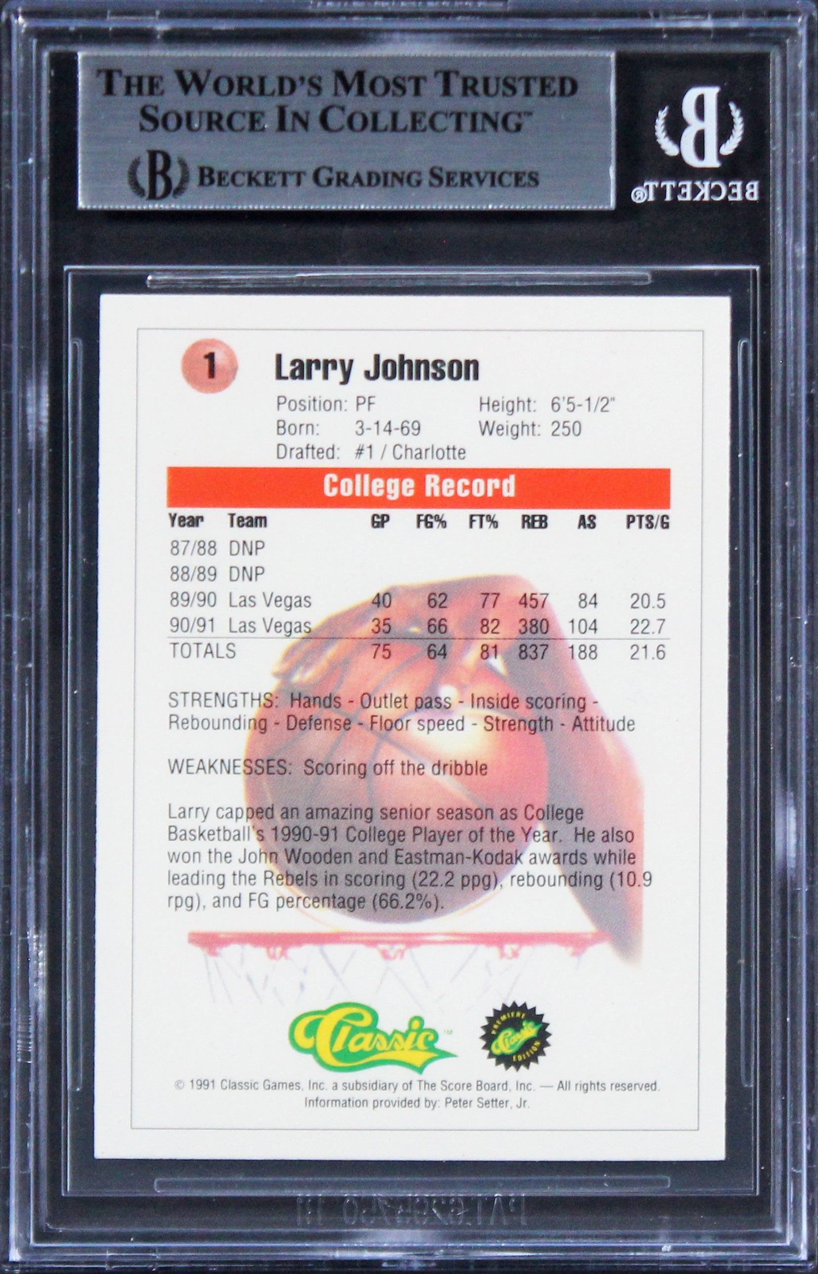 Hornets Larry Johnson Authentic Signed 1991 Classic #1 Rookie Card BAS Slabbed
