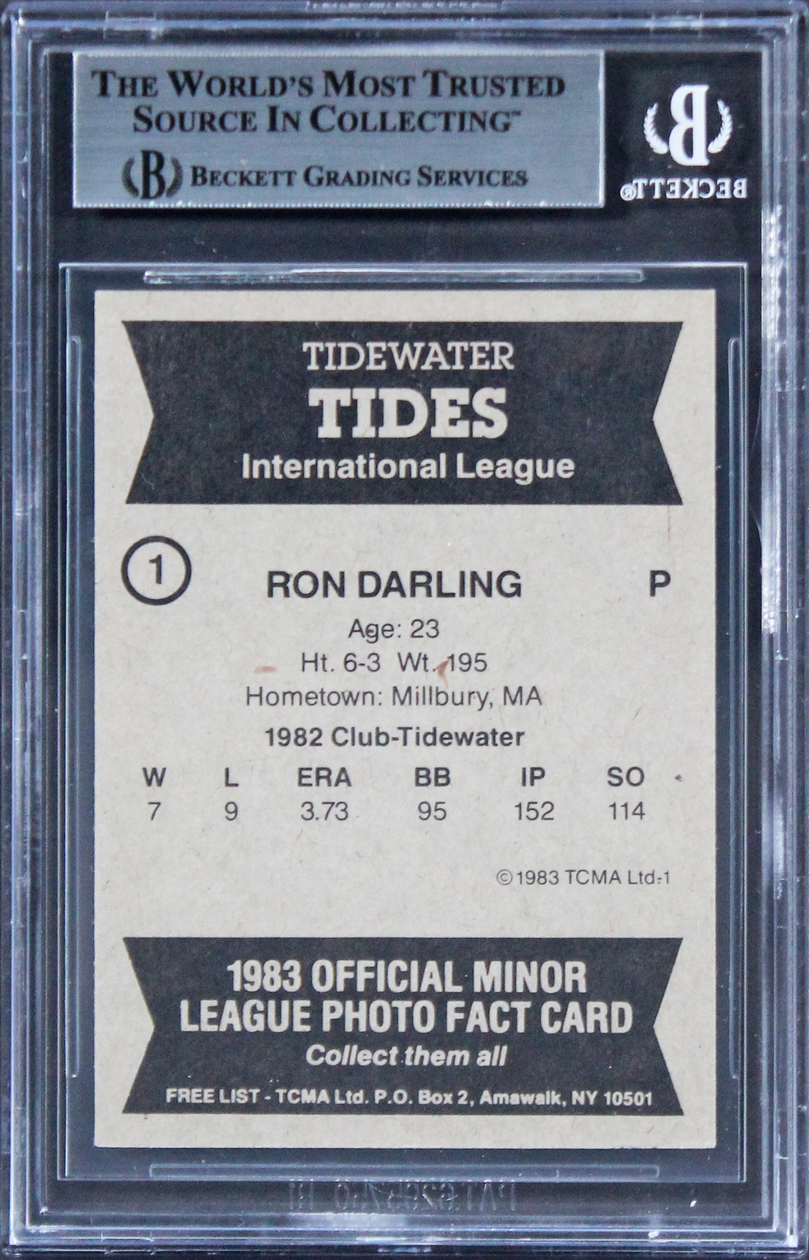 Ron Darling Authentic Signed 1983 Tidewater Tides TCMA #1 Card BAS Slabbed