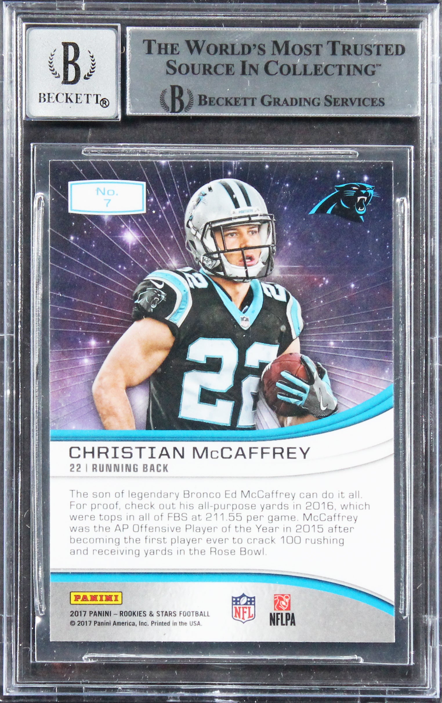 49ers Christian McCaffrey Signed 2017 Rookies & Stars #7 Card Auto 10! BAS Slab