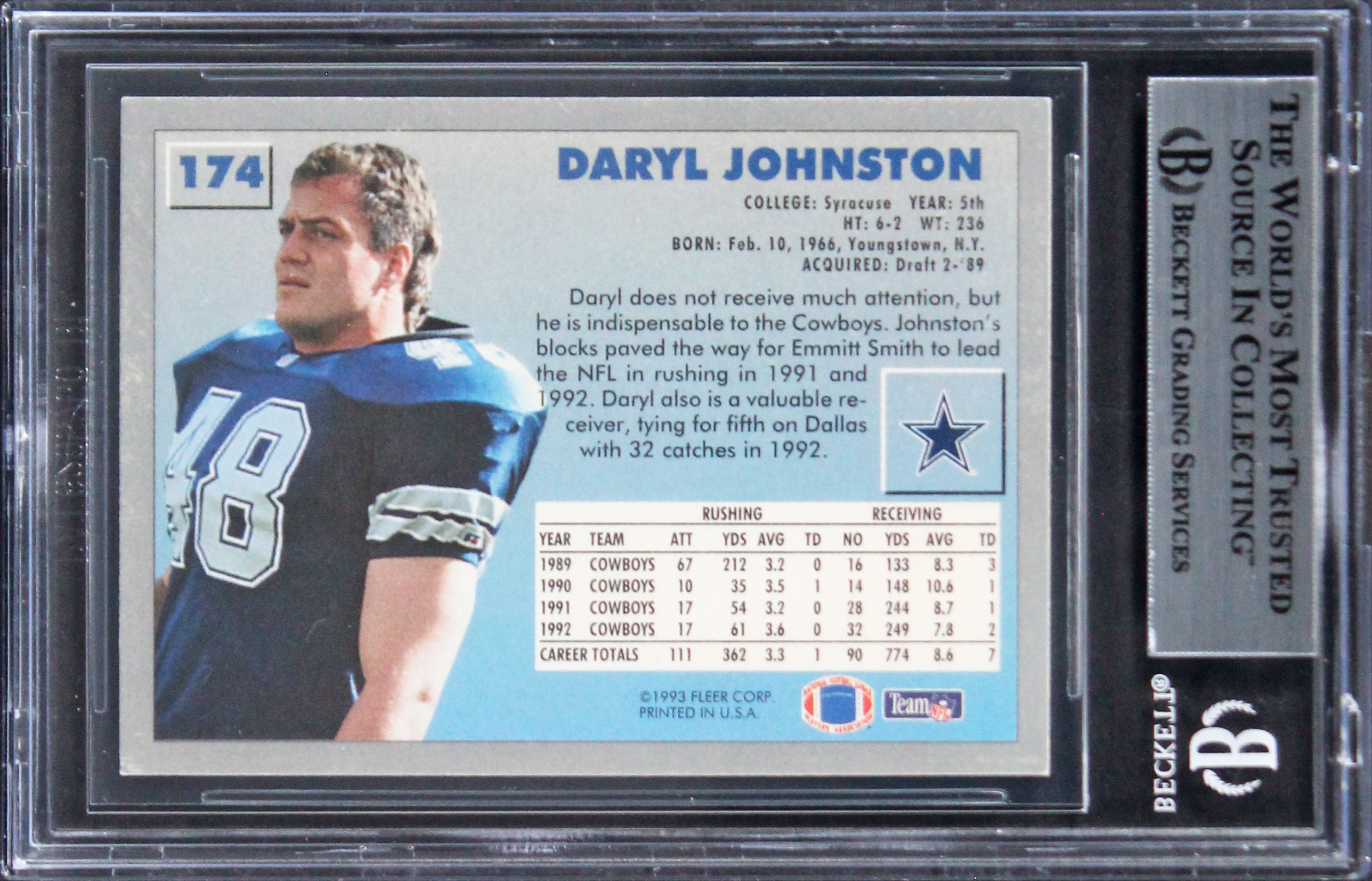 Cowboys Daryl Johnston Authentic Signed 1993 Fleer #174 Card BAS Slabbed