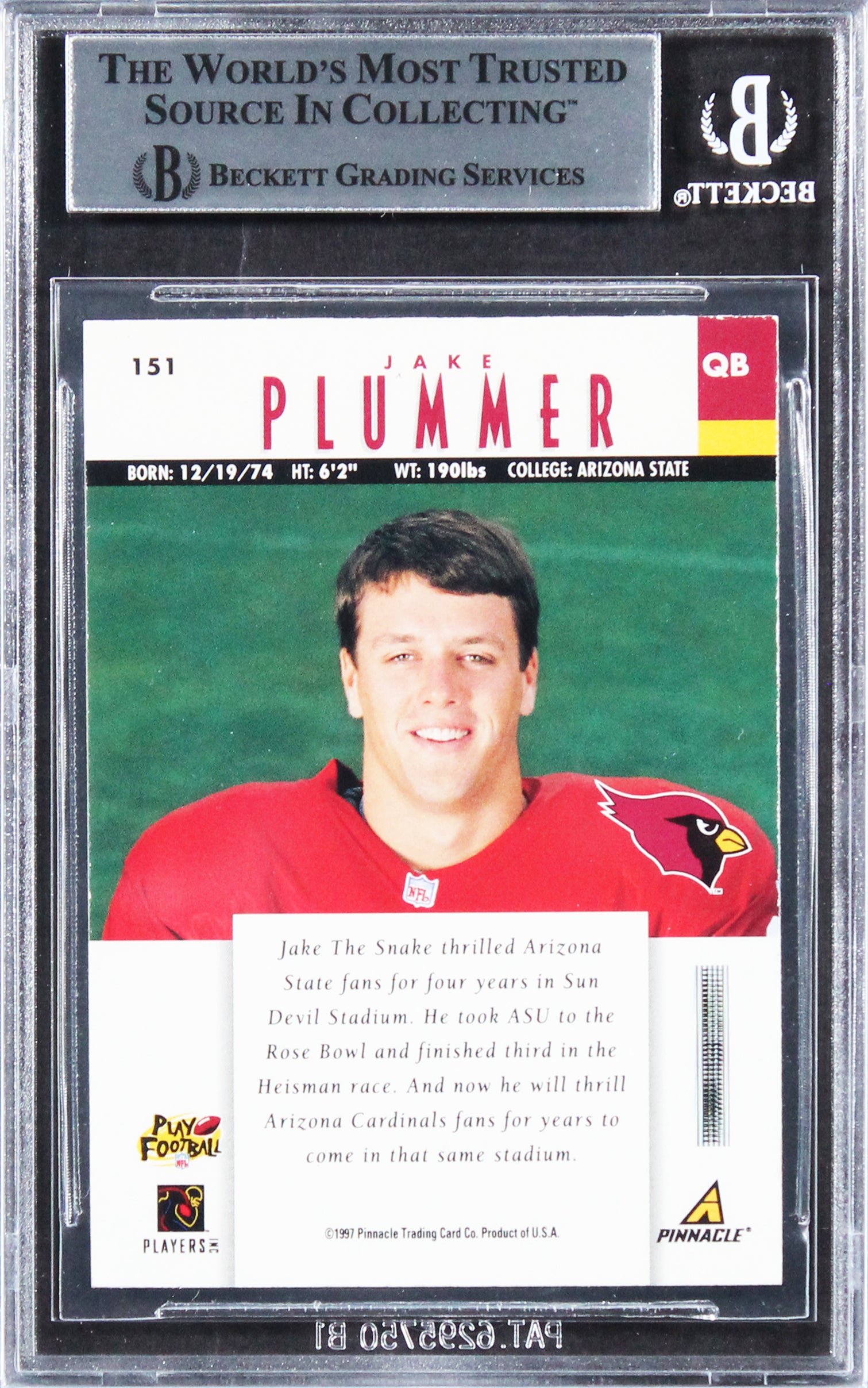 Cardinals Jake Plummer Authentic Signed 1997 Pinnacle #151 RC Card BAS Slabbed