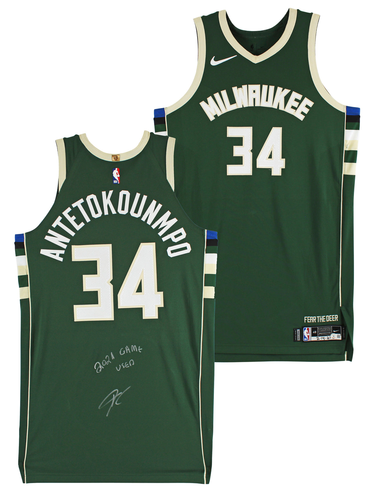 Bucks Giannis Antetokounmpo "2021 Game Used" Signed Green Nike Icon Jersey BAS