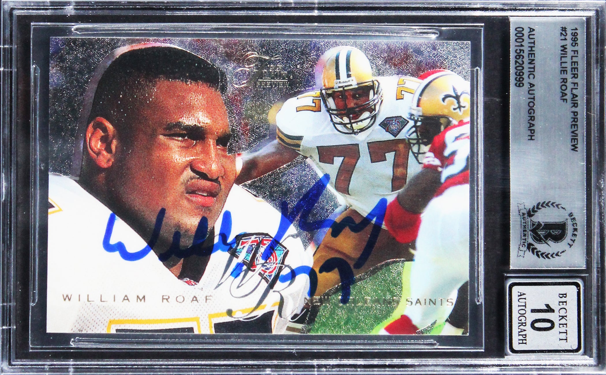 Saints Willie Roaf Signed 1996 Fleer Flair Preview #21 Card Auto 10! BAS Slabbed