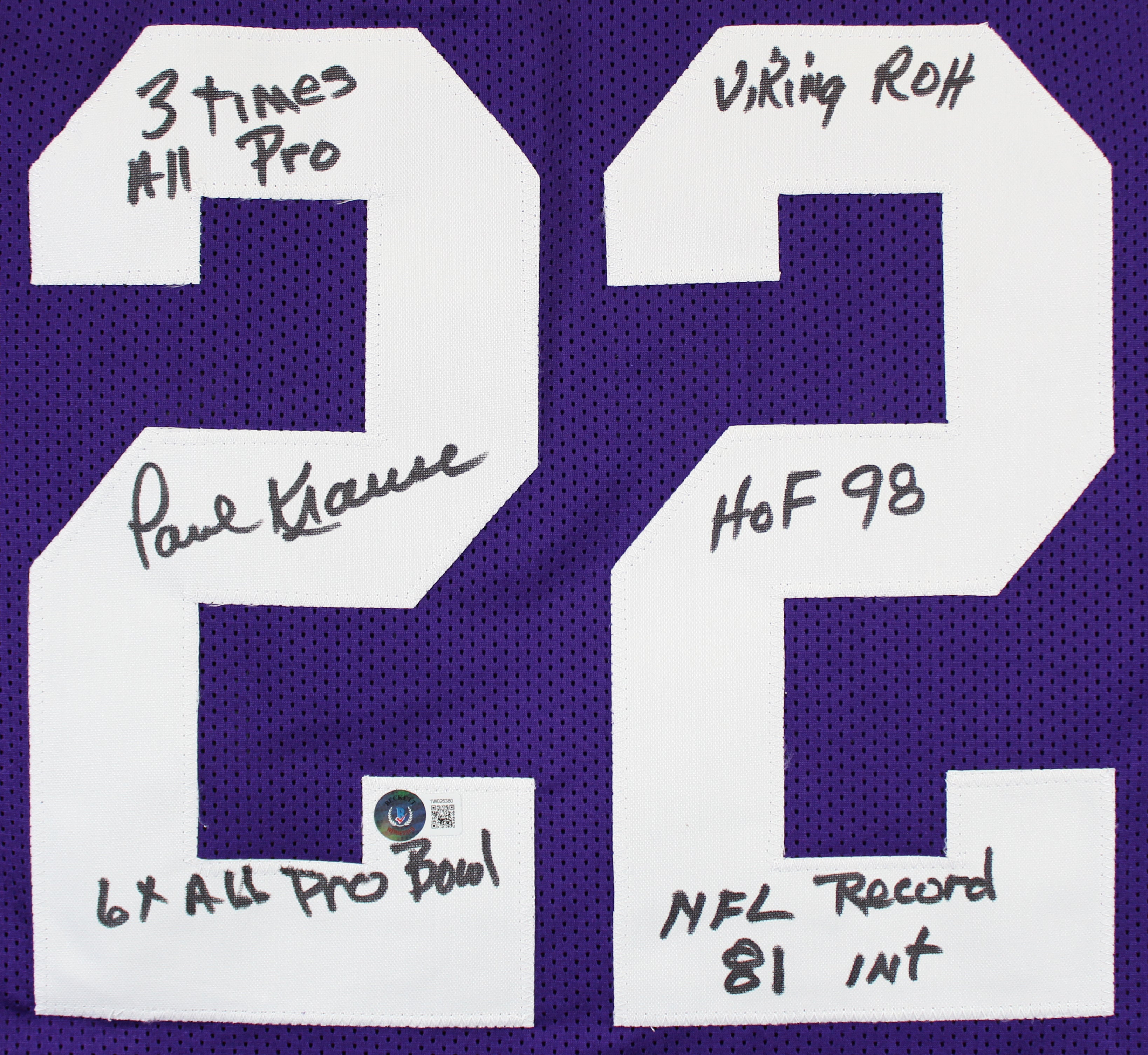 Paul Krause "Stat" Authentic Signed Purple Pro Style Jersey BAS Witnessed 4