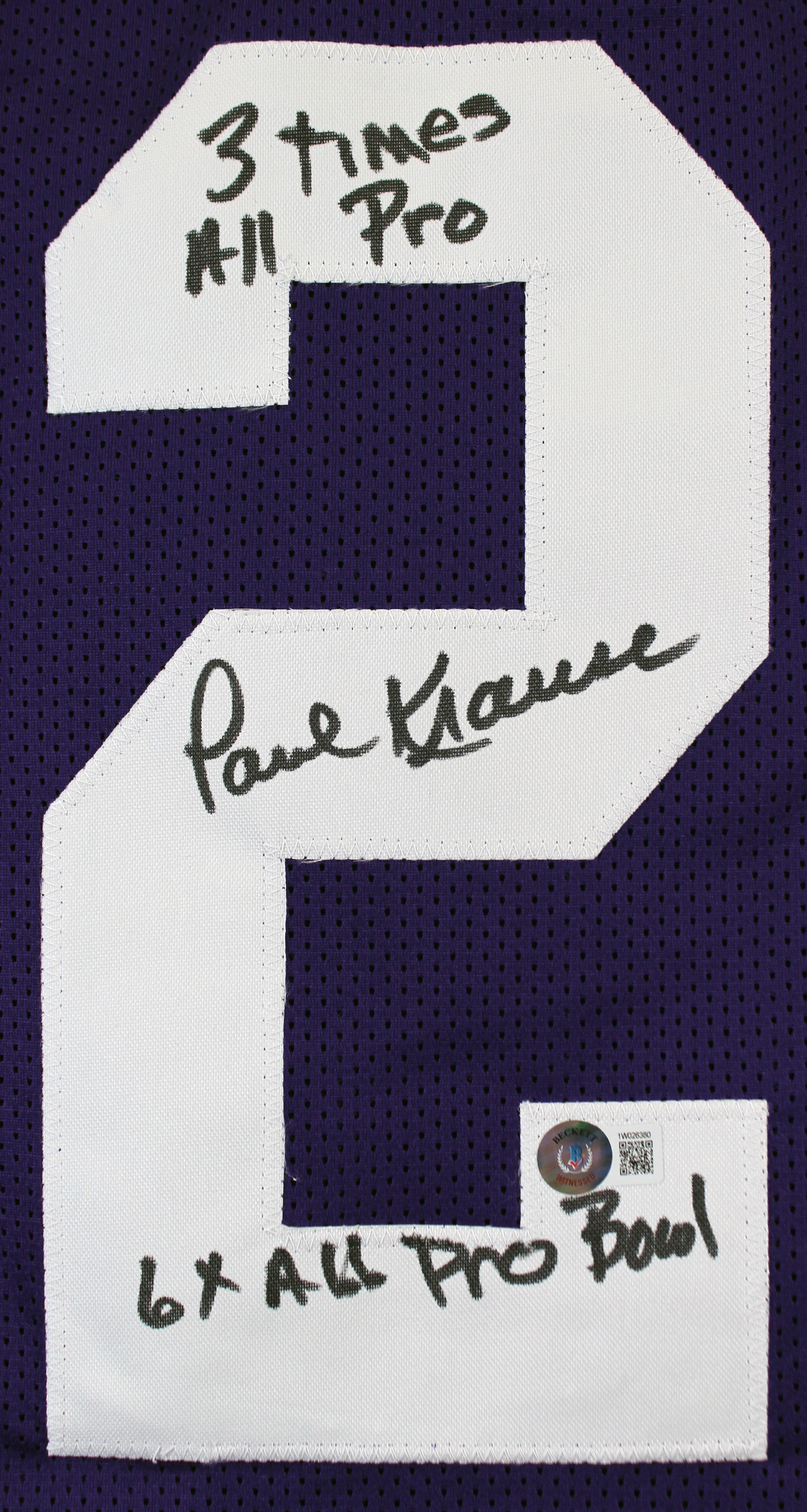 Paul Krause "Stat" Authentic Signed Purple Pro Style Jersey BAS Witnessed 4