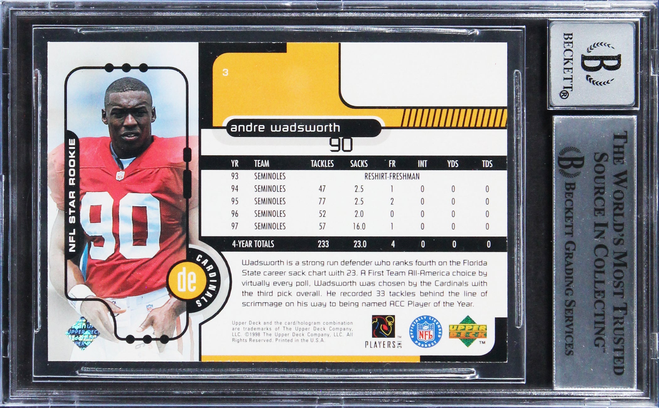 Cardinals Andre Wadsworth Signed 1998 Upper Deck #3 Rookie Card Auto 10 BAS Slab