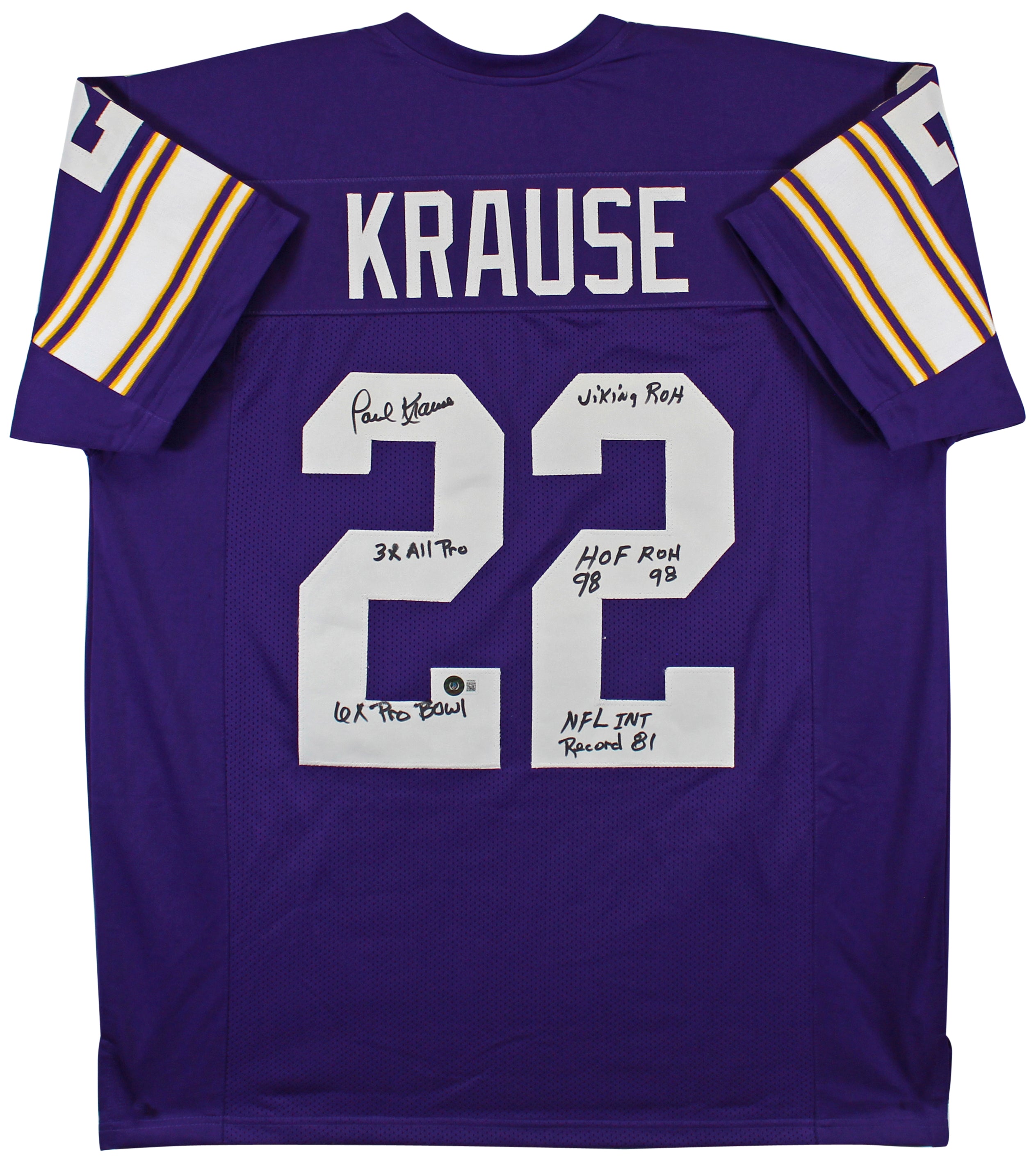 Paul Krause "Stat" Authentic Signed Purple Pro Style Jersey BAS Witnessed 2
