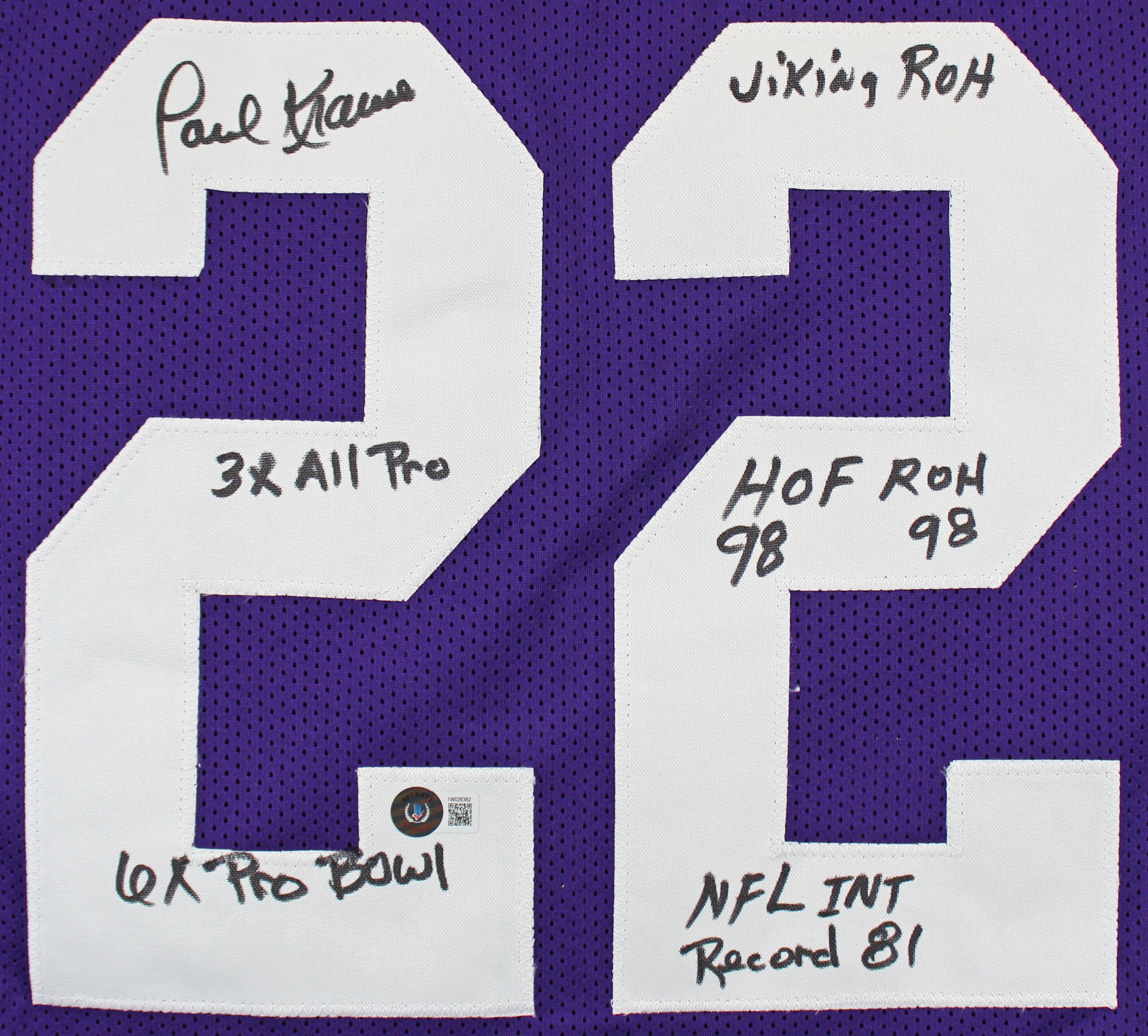Paul Krause "Stat" Authentic Signed Purple Pro Style Jersey BAS Witnessed 2