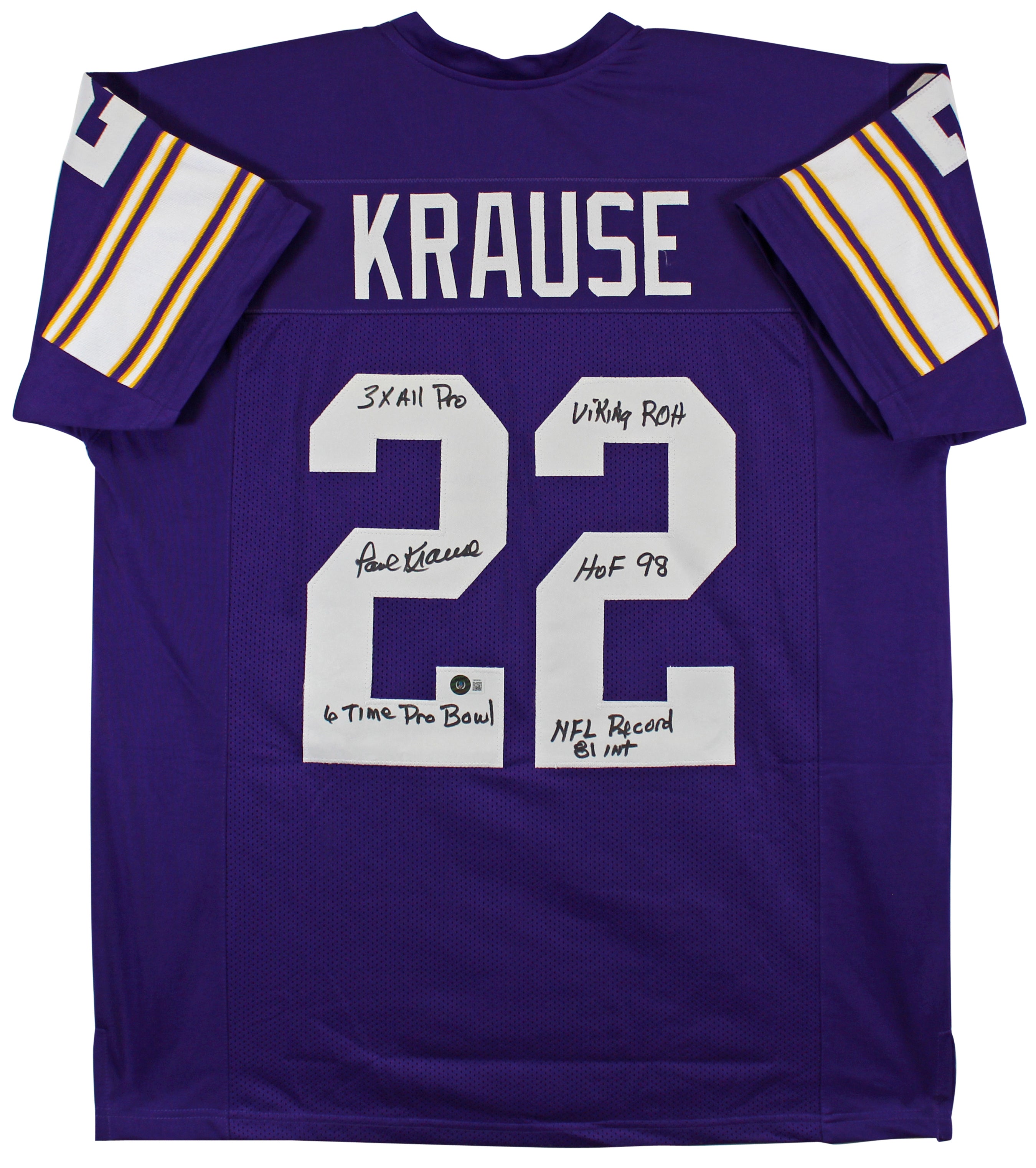 Paul Krause "Stat" Authentic Signed Purple Pro Style Jersey BAS Witnessed 3