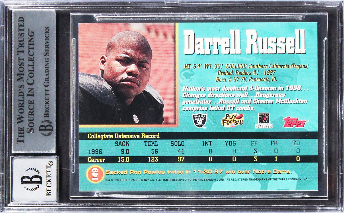 Raiders Darrell Russell Signed 1997 Stadium Club #149 RC Card Auto 10! BAS Slab