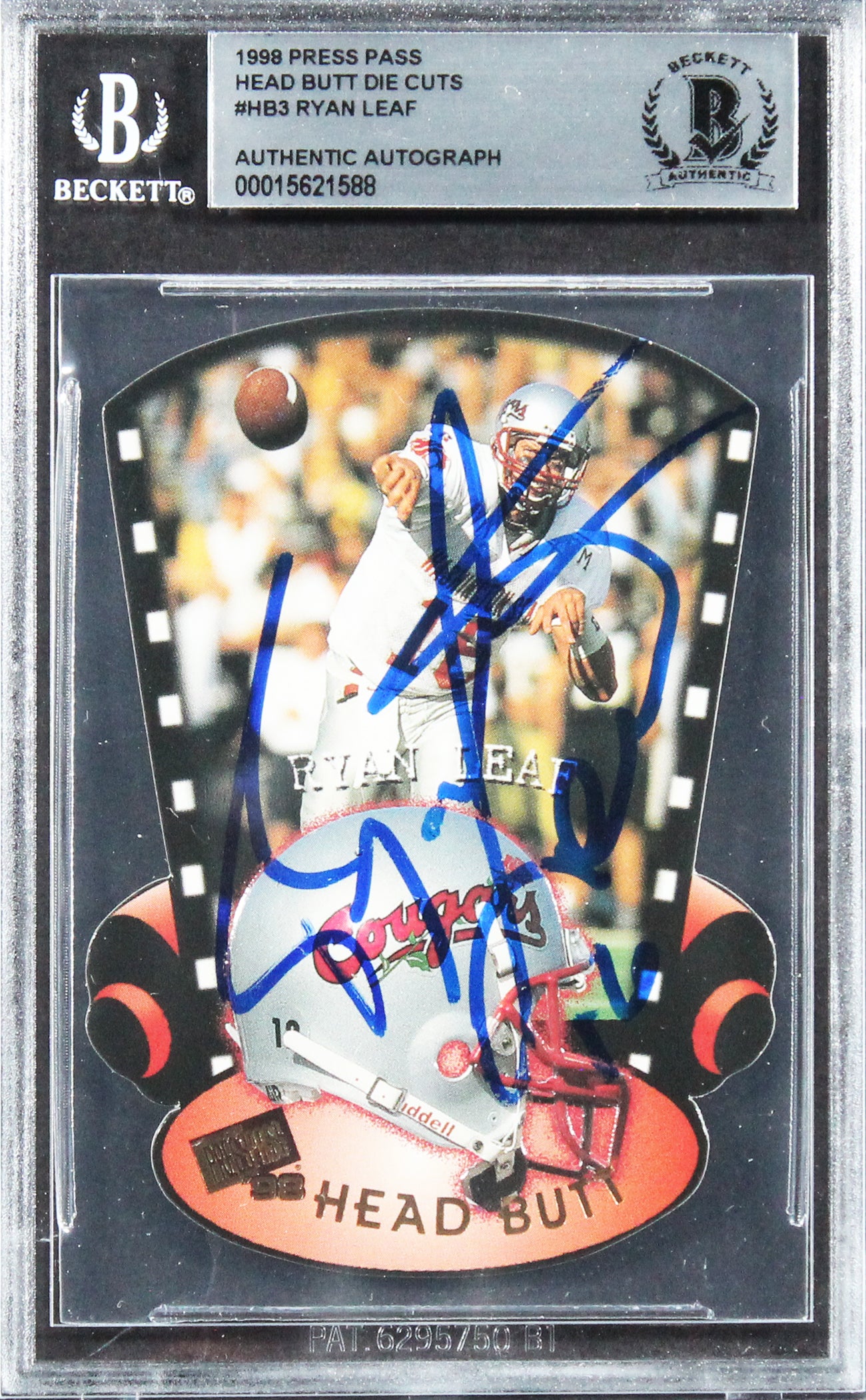 Chargers Ryan Leaf Signed 1998 Press Pass Head Butt Die Cuts #HB3 Card BAS Slab