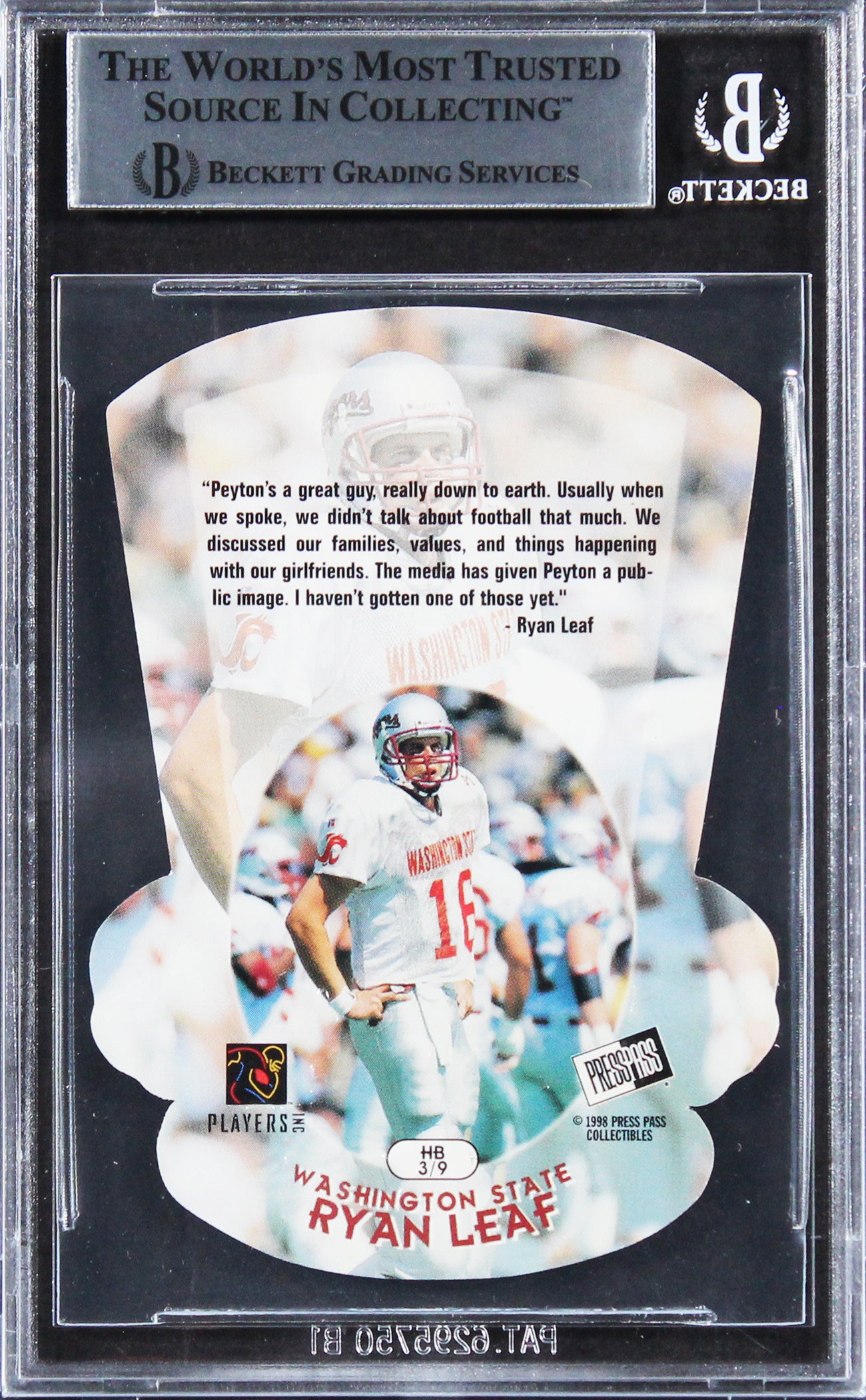 Chargers Ryan Leaf Signed 1998 Press Pass Head Butt Die Cuts #HB3 Card BAS Slab