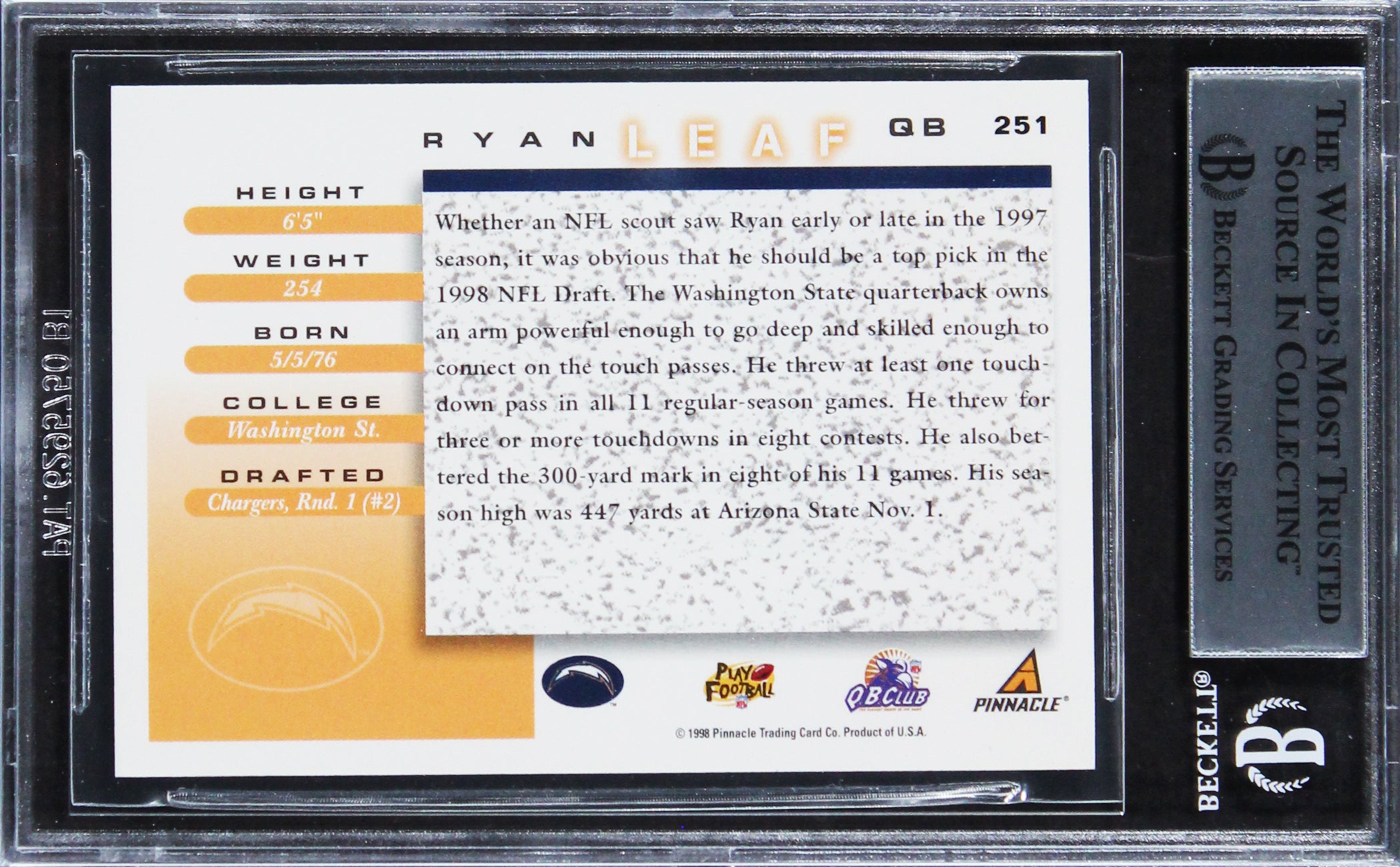 Chargers Ryan Leaf Authentic Signed 1998 Score #251 Rookie Card BAS Slabbed