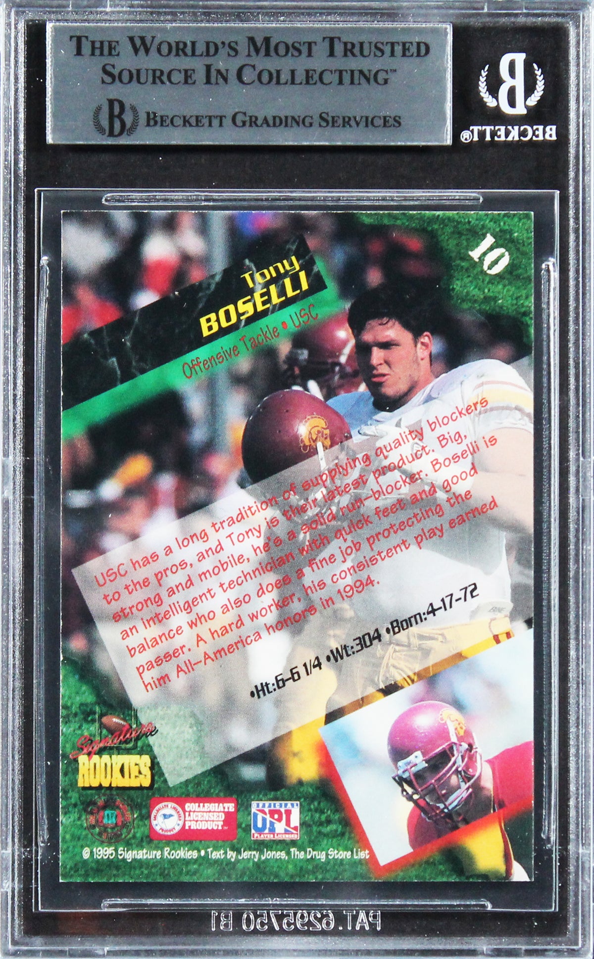 Jaguars Tony Boselli Signed 1995 Signature Rookies #10 #142/7500 Card BAS Slab