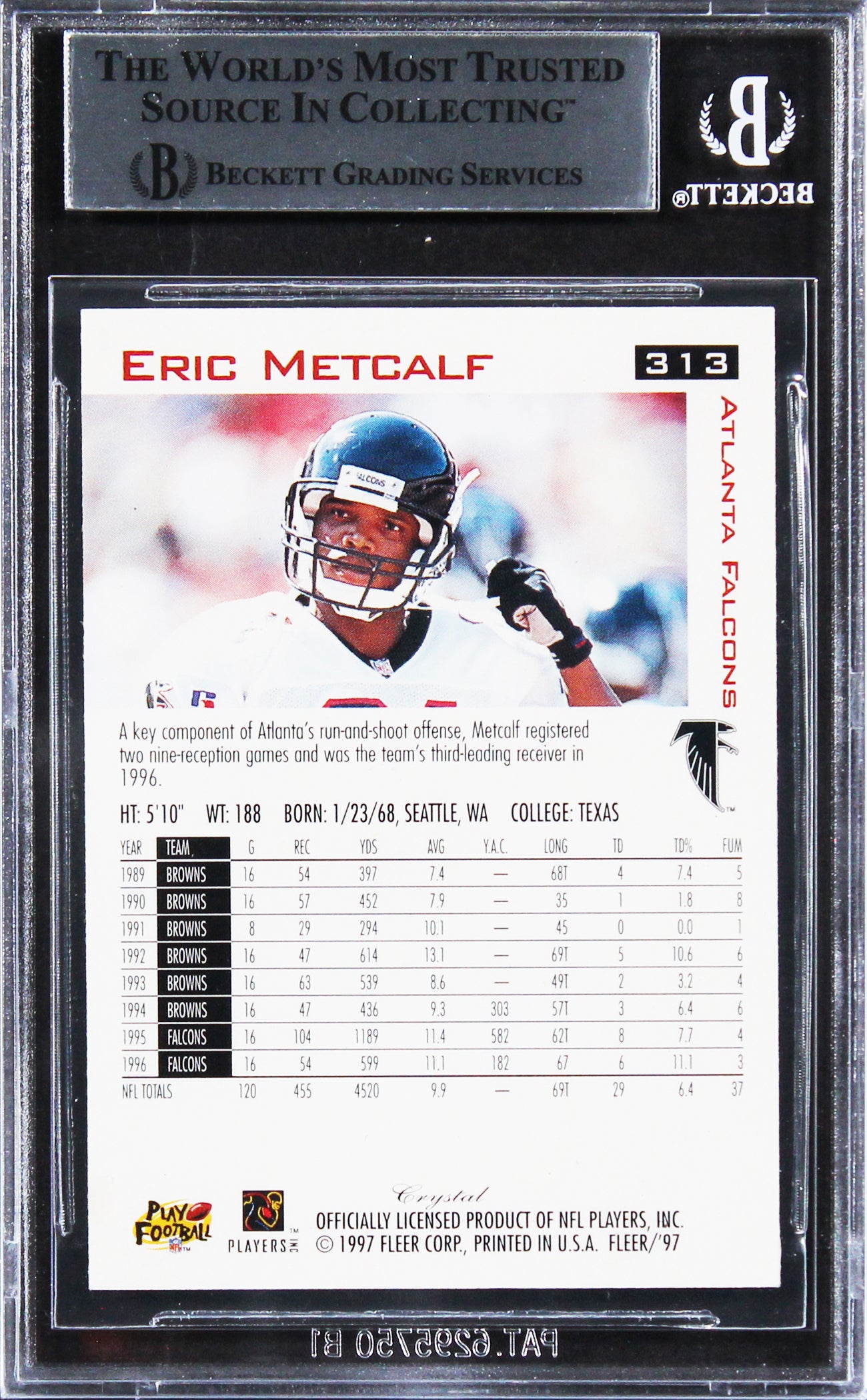Falcons Eric Metcalf Signed 1997 Fleer Crystal Silver #313 Card BAS Slabbed