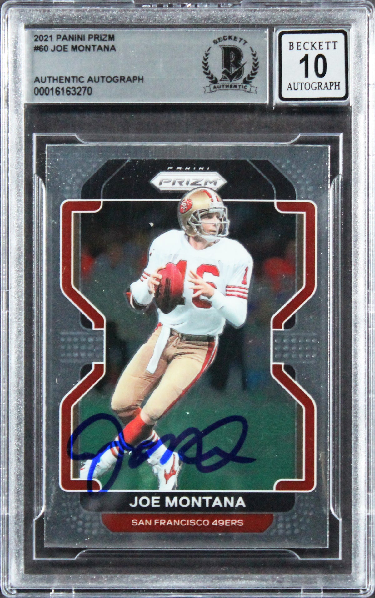 49ers Joe Montana Signed 2021 Panini Prizm #60 Card Auto 10! BAS Slabbed