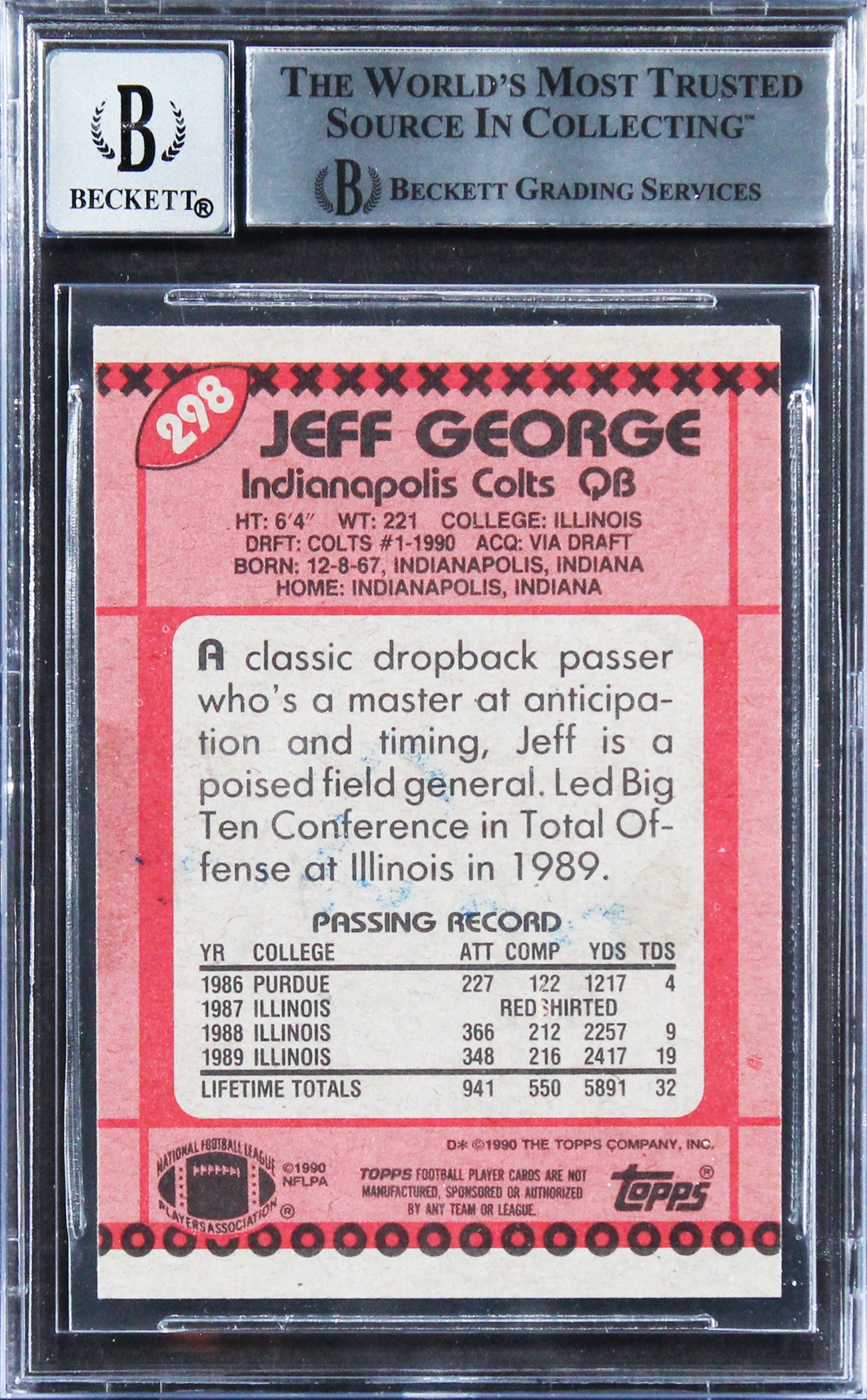 Colts Jeff George Signed 1990 Topps DB #298 Rookie Card Auto 10! BAS Slabbed