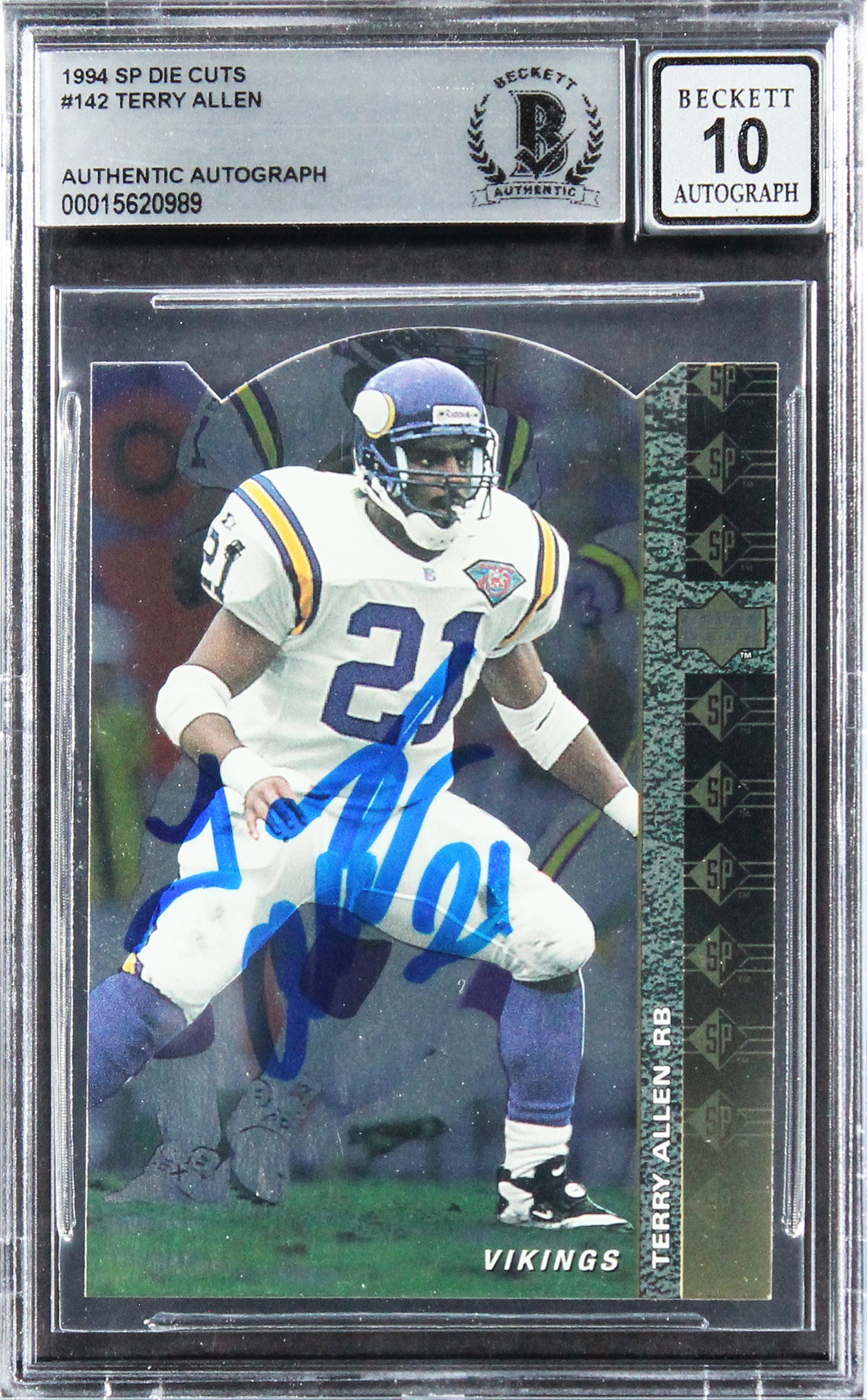 Vikings Terry Allen Signed 1994 SP Die Cuts #142 Card Auto 10! BAS Slabbed