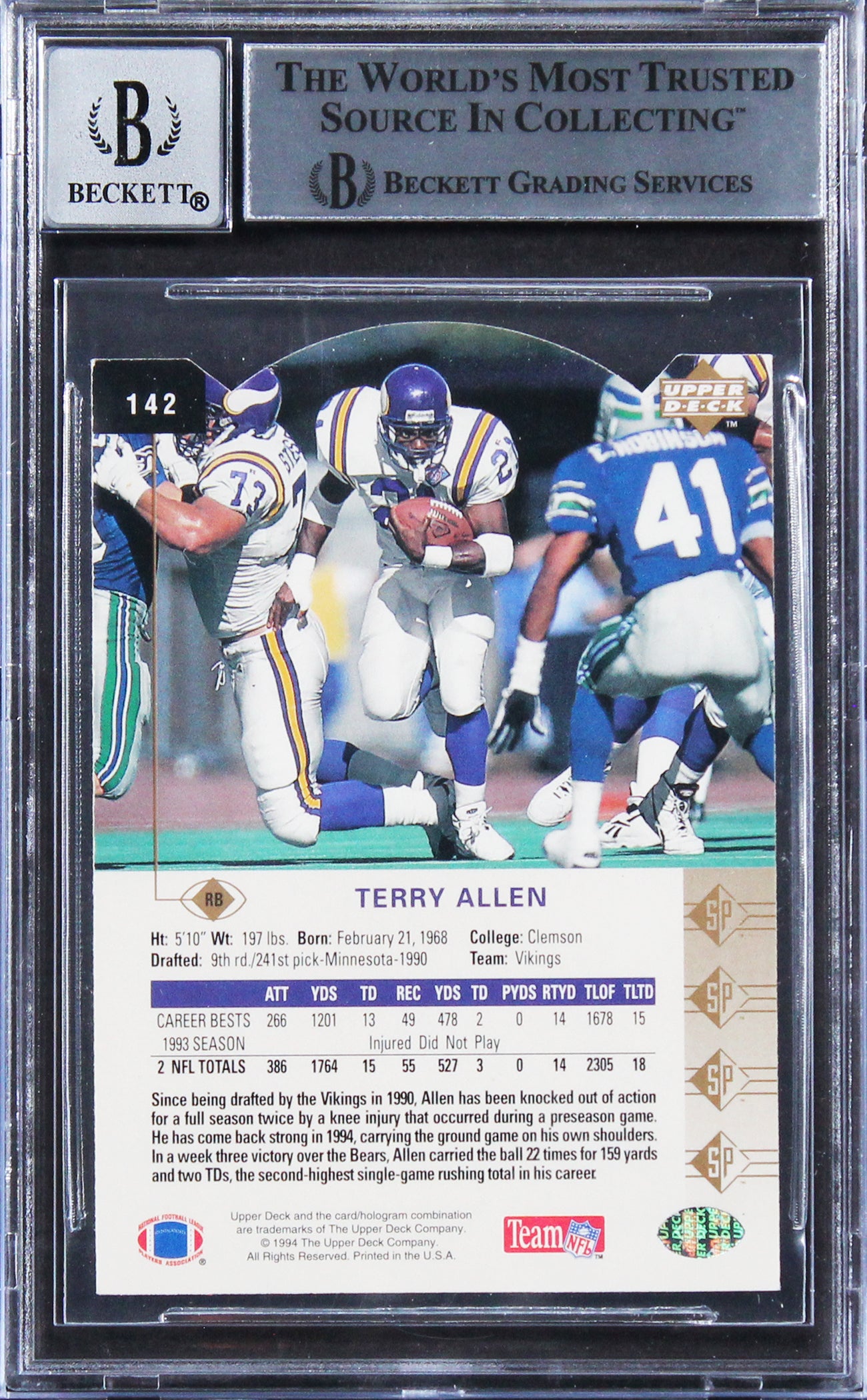 Vikings Terry Allen Signed 1994 SP Die Cuts #142 Card Auto 10! BAS Slabbed