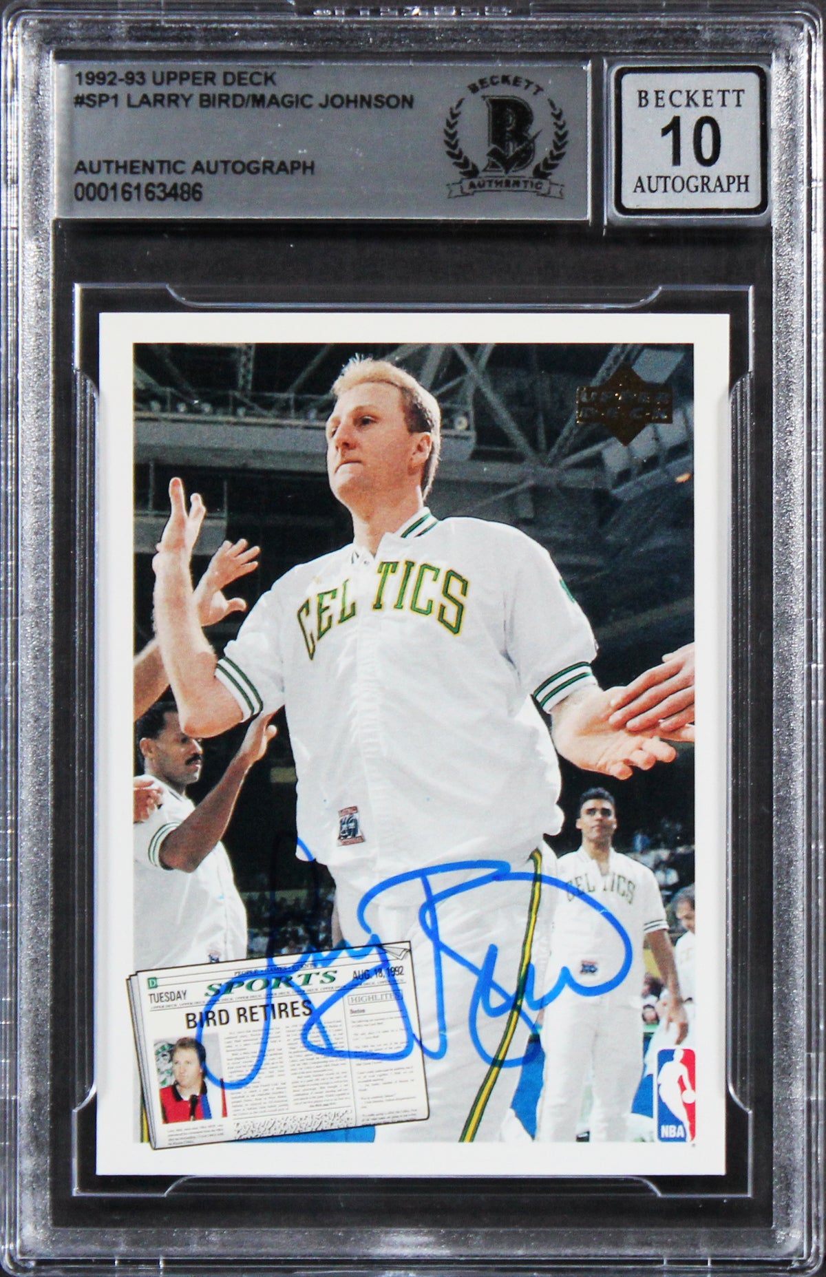 Larry Bird & Magic Johnson Signed 1992 Upper Deck #SP1 Card Auto 10! BAS Slabbed