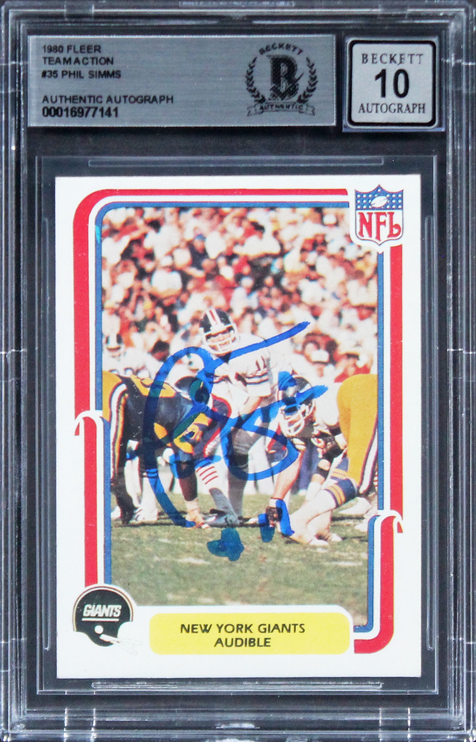 Giants Phil Simms Signed 1980 Fleer Team Action #35 Card Auto Grade 10! BAS Slab