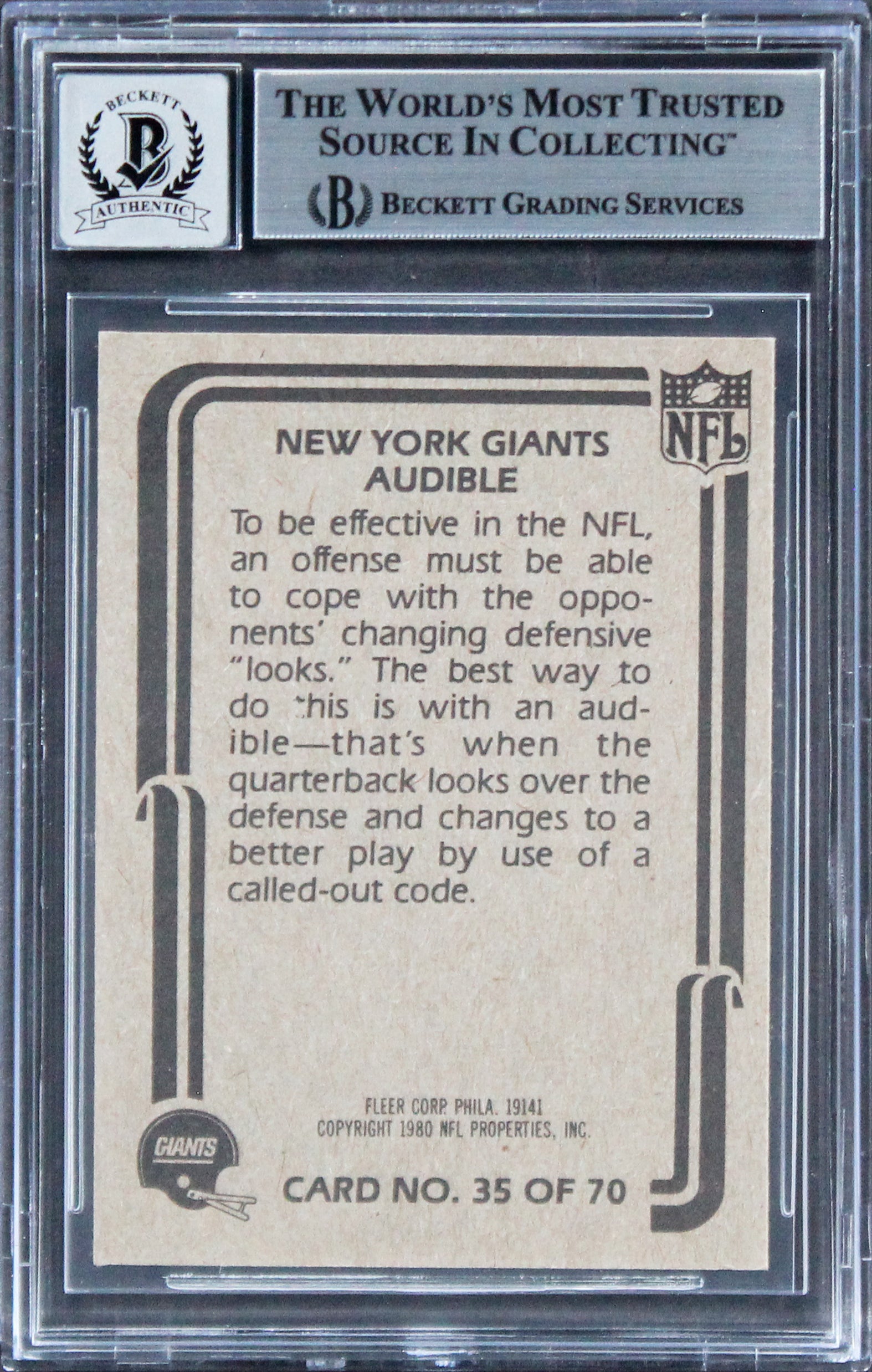 Giants Phil Simms Signed 1980 Fleer Team Action #35 Card Auto Grade 10! BAS Slab