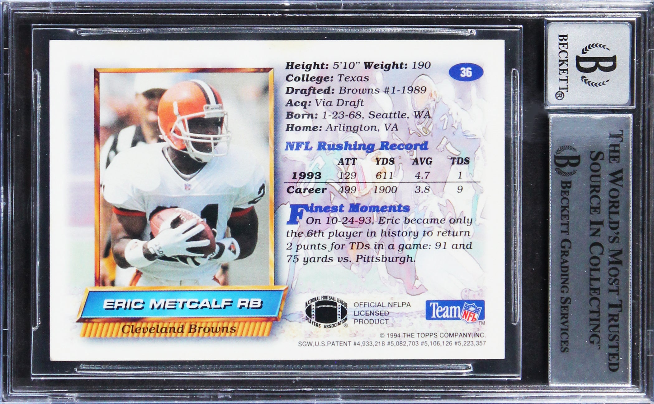 Browns Eric Metcalf Authentic Signed 1994 Finest #36 Card Auto 10! BAS Slabbed