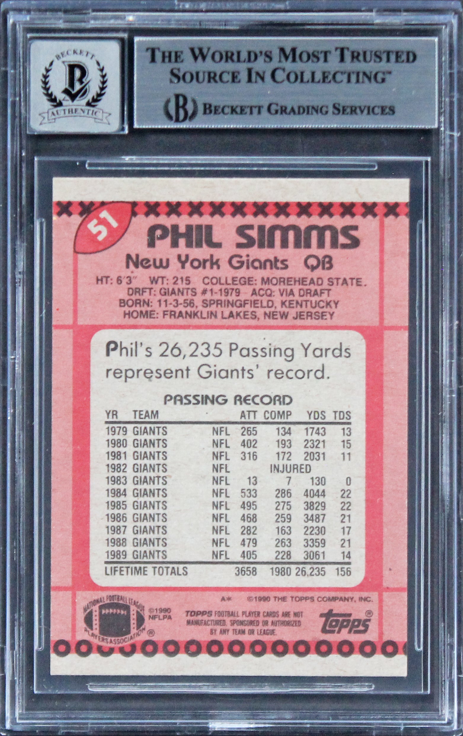 Giants Phil Simms Signed 1990 Topps Disclaimer Back #51 Card Auto 10 BAS Slabbed