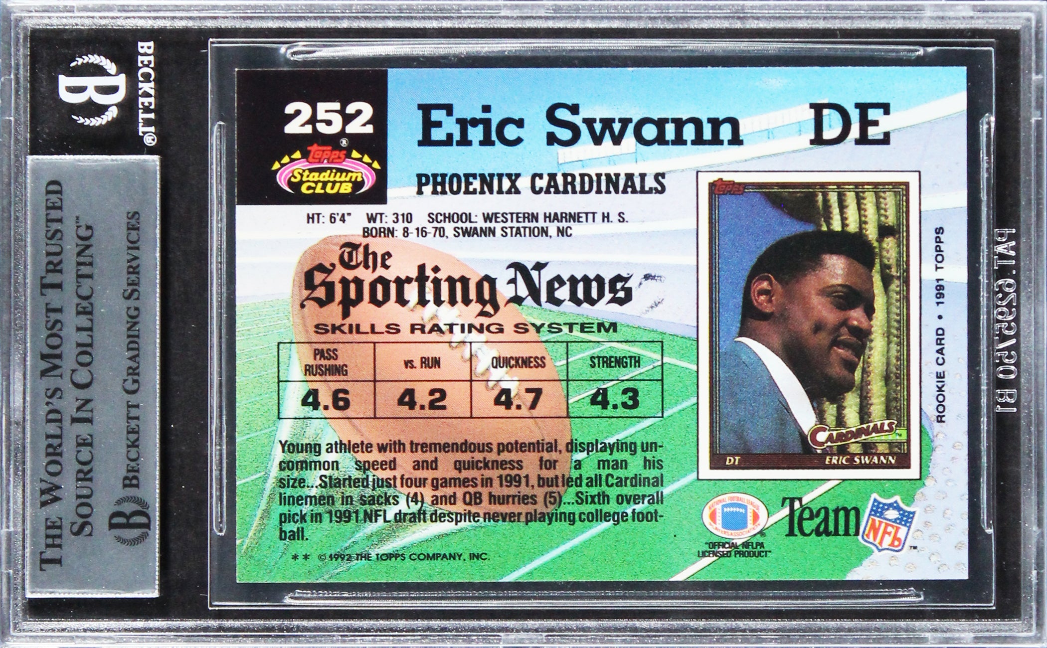 Cardinals Eric Swann Authentic Signed 1992 Stadium Club #252 Card BAS Slabbed