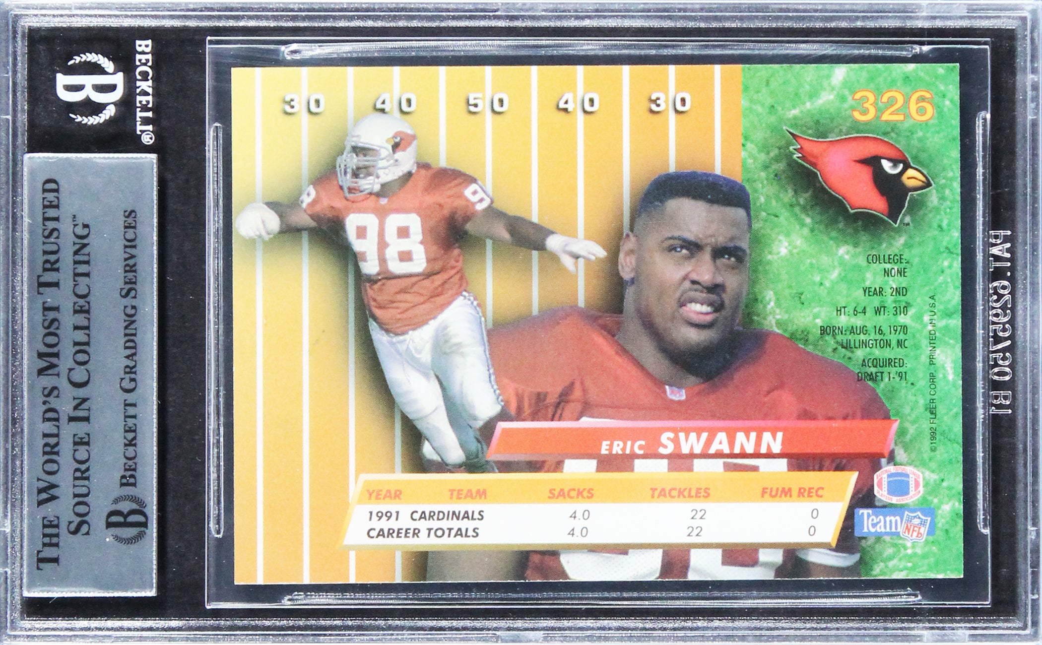 Cardinals Eric Swann Authentic Signed 1992 Ultra #326 Card BAS Slabbed