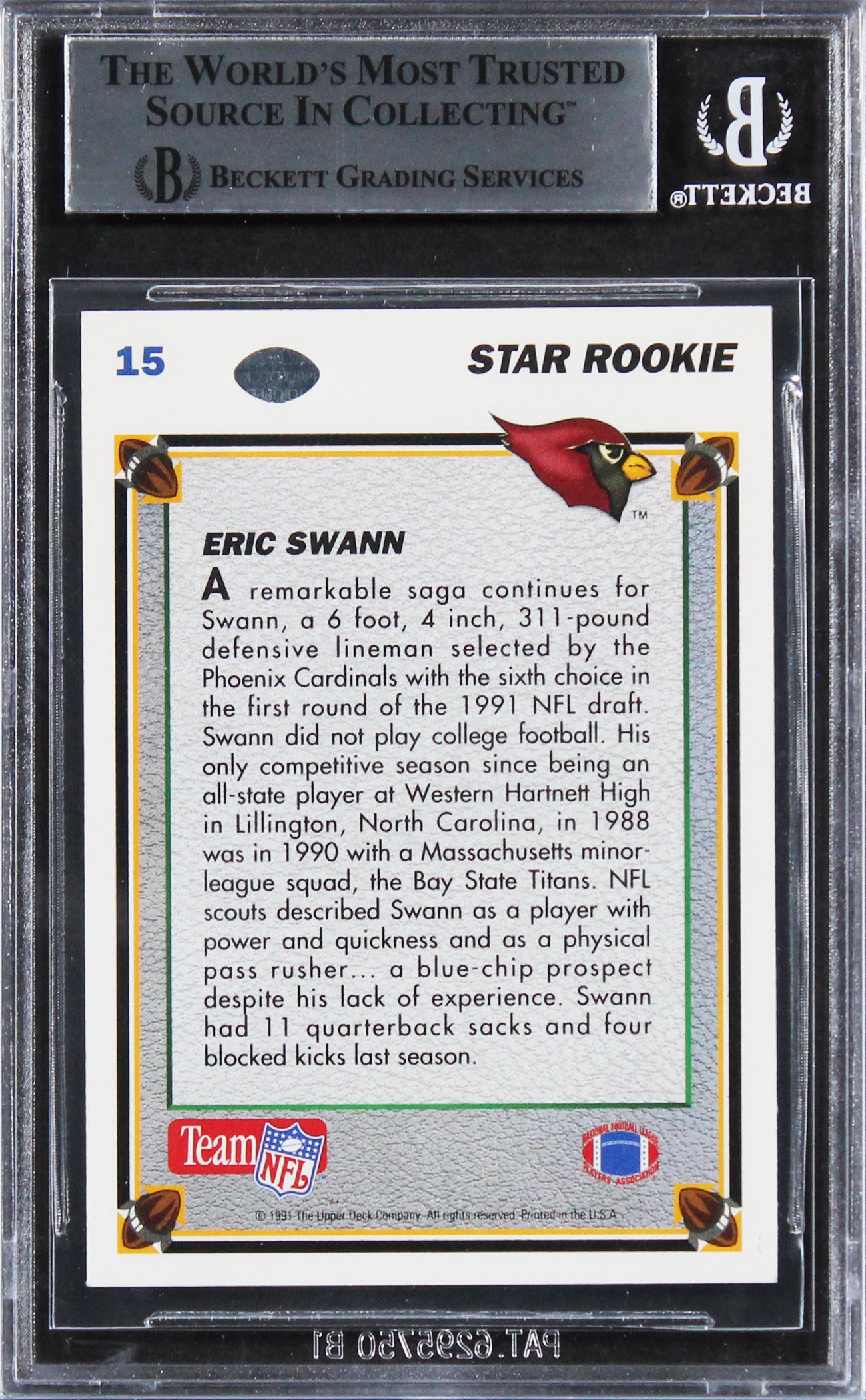 Cardinals Eric Swann Authentic Signed 1991 Upper Deck #15 Rookie Card BAS Slab