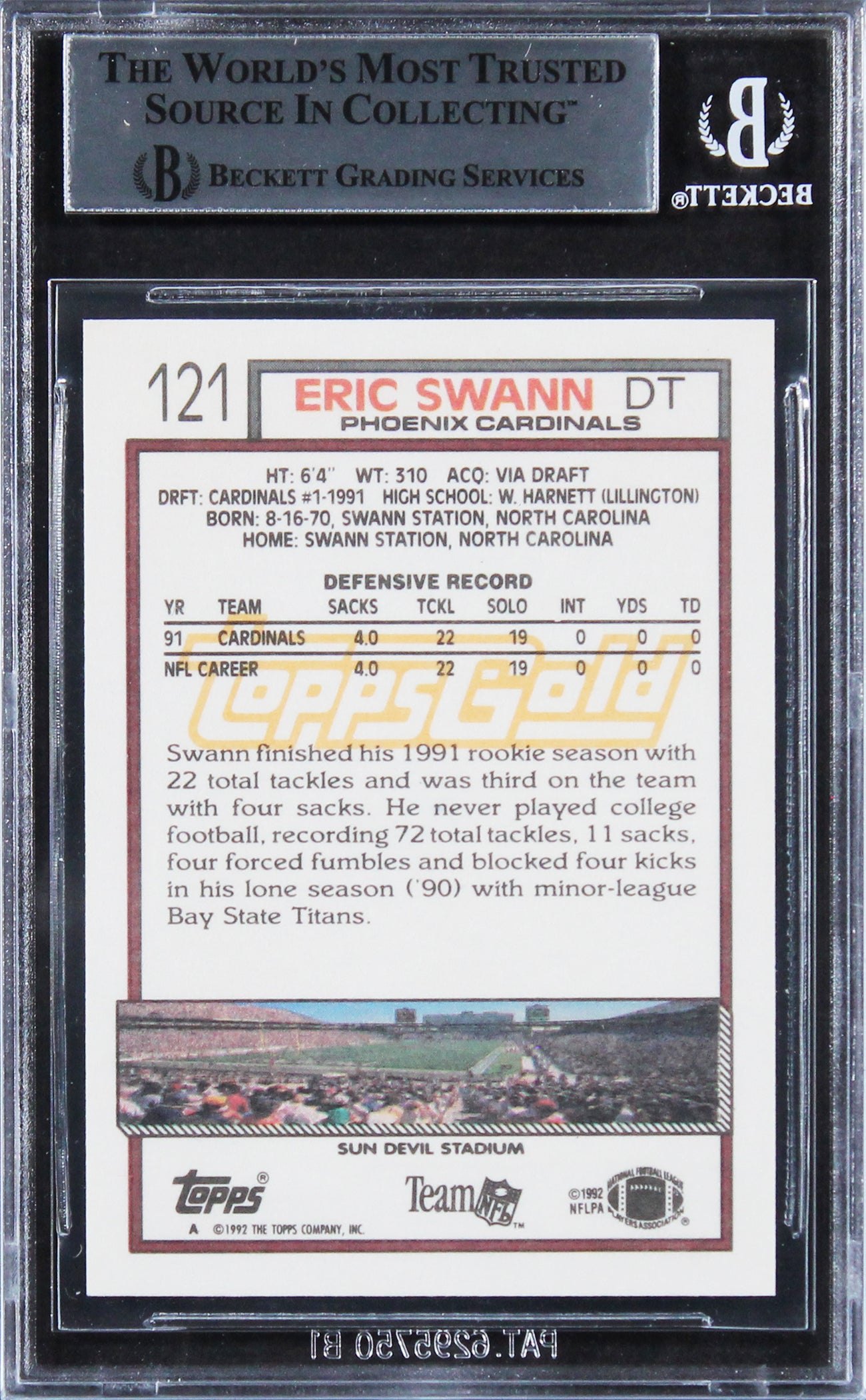 Cardinals Eric Swann Authentic Signed 1992 Topps Gold #121 Card BAS Slabbed