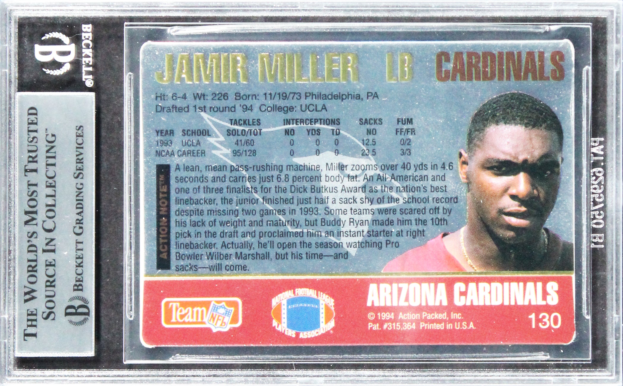Cardinals Jamir Miller Authentic Signed 1994 Action Packed #130 Card BAS Slabbed