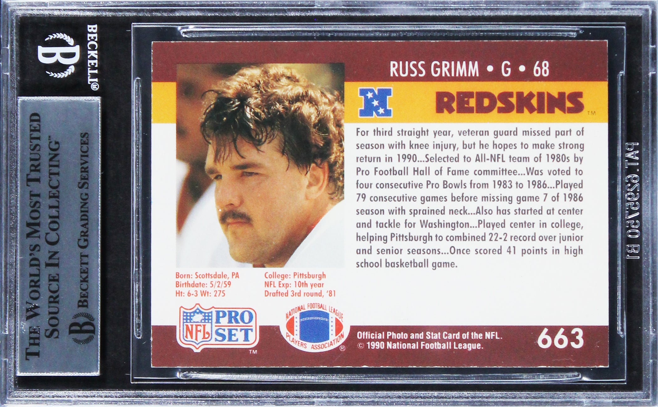 Commanders Russ Grimm Authentic Signed 1990 Pro Set #663 Card BAS Slabbed