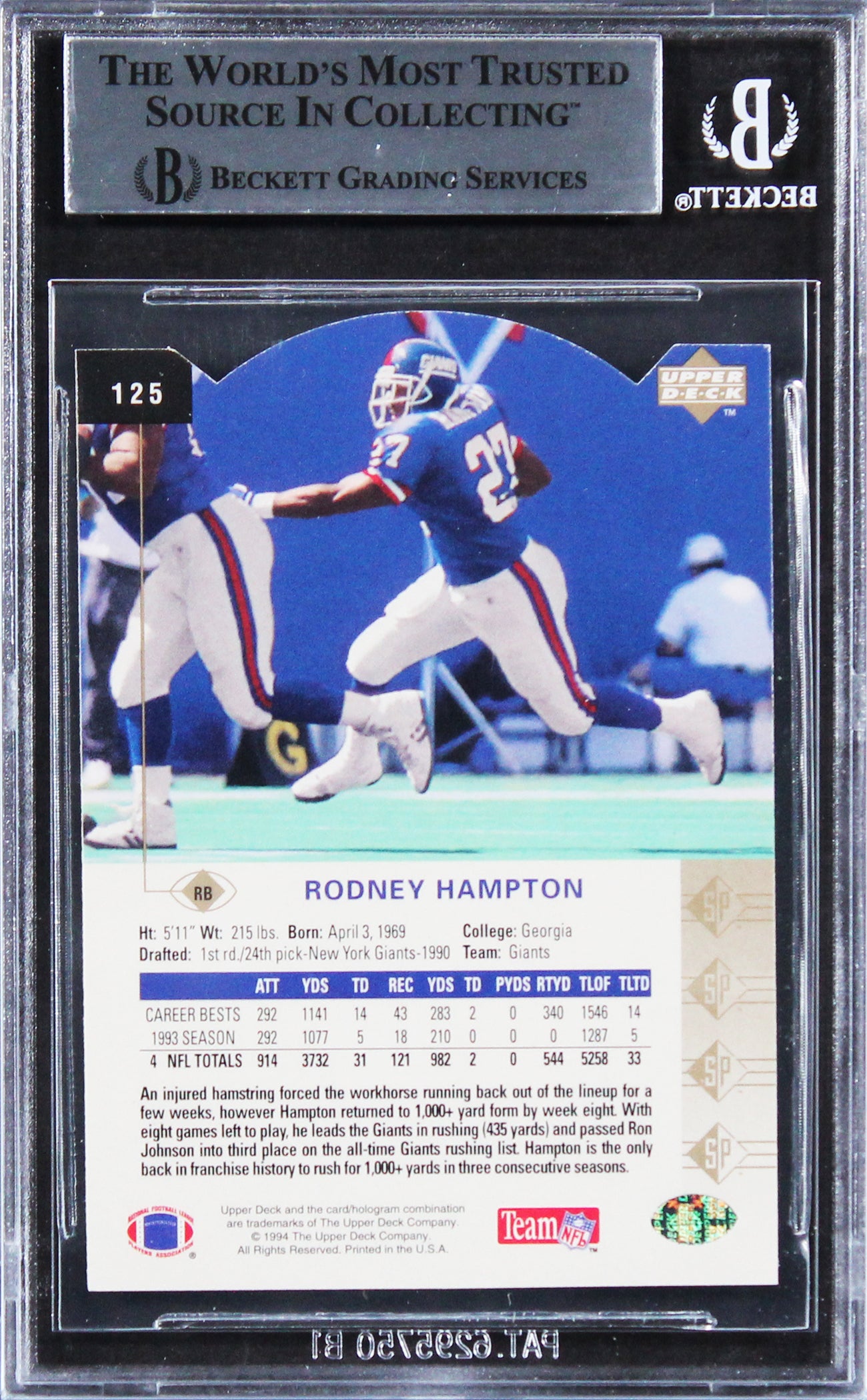 Giants Rodney Hampton Authentic Signed 1994 SP Die Cuts #125 Card BAS Slabbed