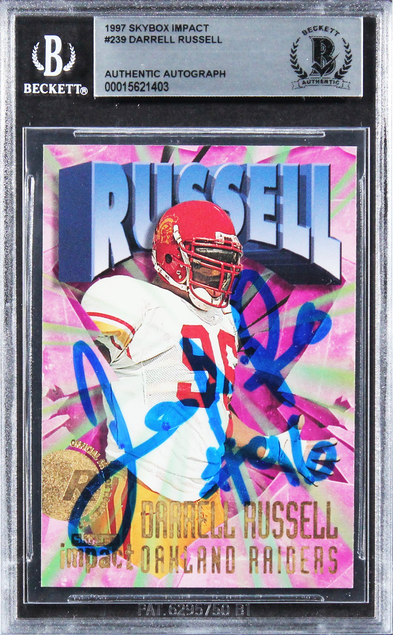Raiders Darrell Russell Signed 1997 Skybox Impact #239 Rookie Card BAS Slabbed
